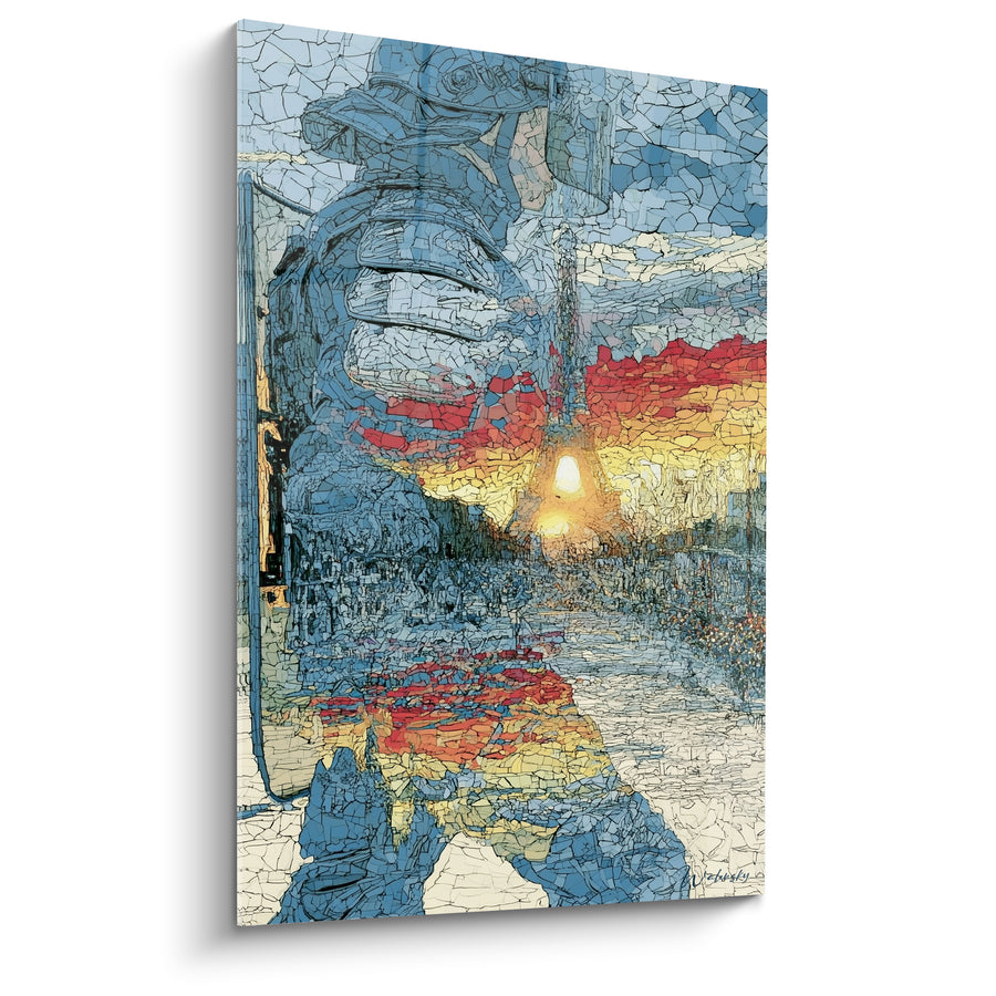 Tableau Silhouette casquée bleue et coucher doré - Veille au crépuscule - Edition Police