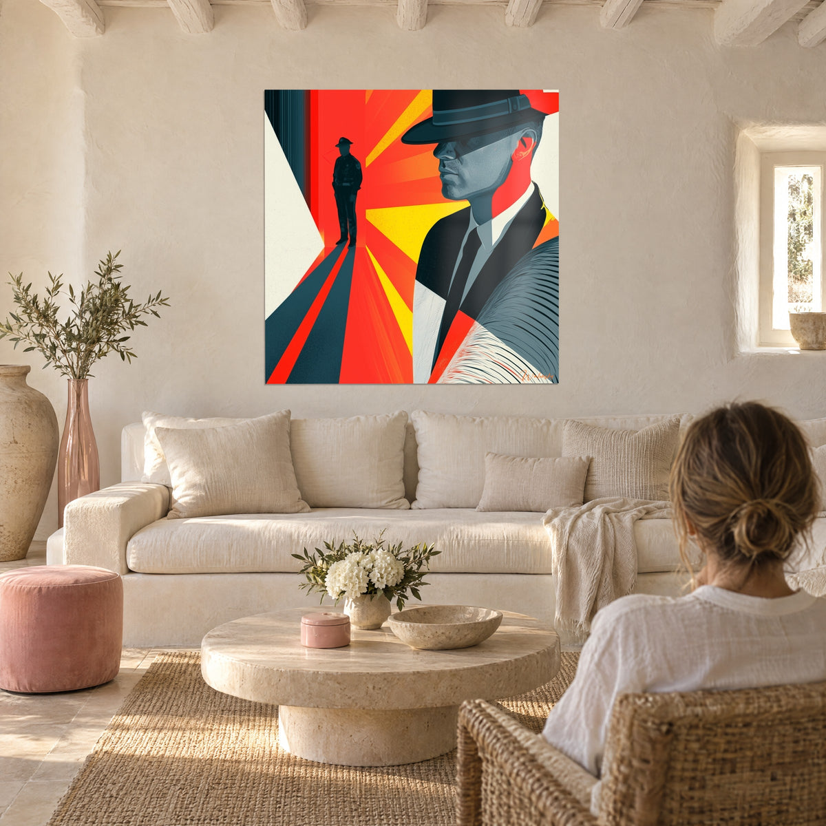 Wall art portrait of a man in a black fedora, red and yellow rays, police silhouette, above a sofa in a bright living room