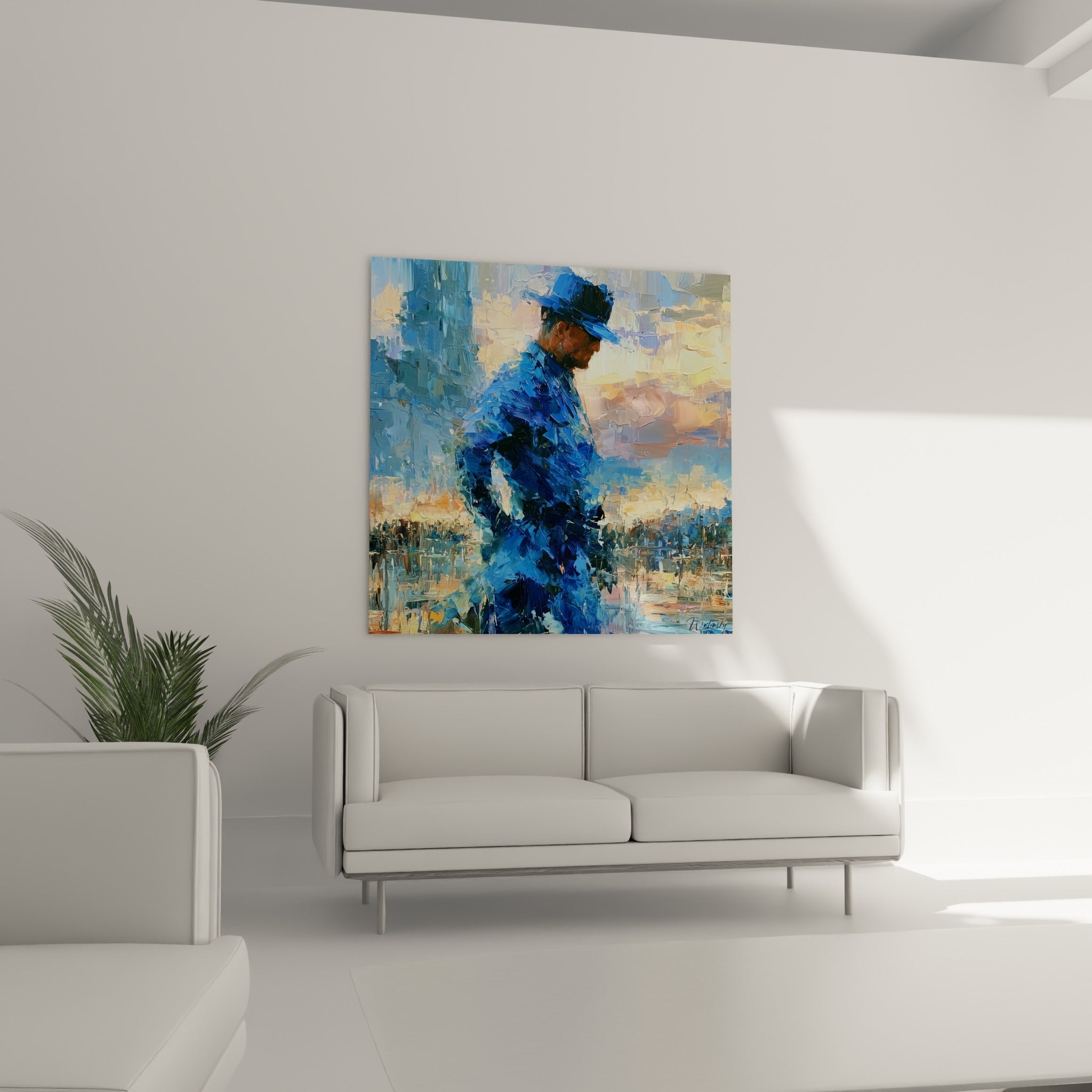 Silhouette bleue et orangée, profil marchant, disposée au-dessus d'un canapé dans un salon lumineux