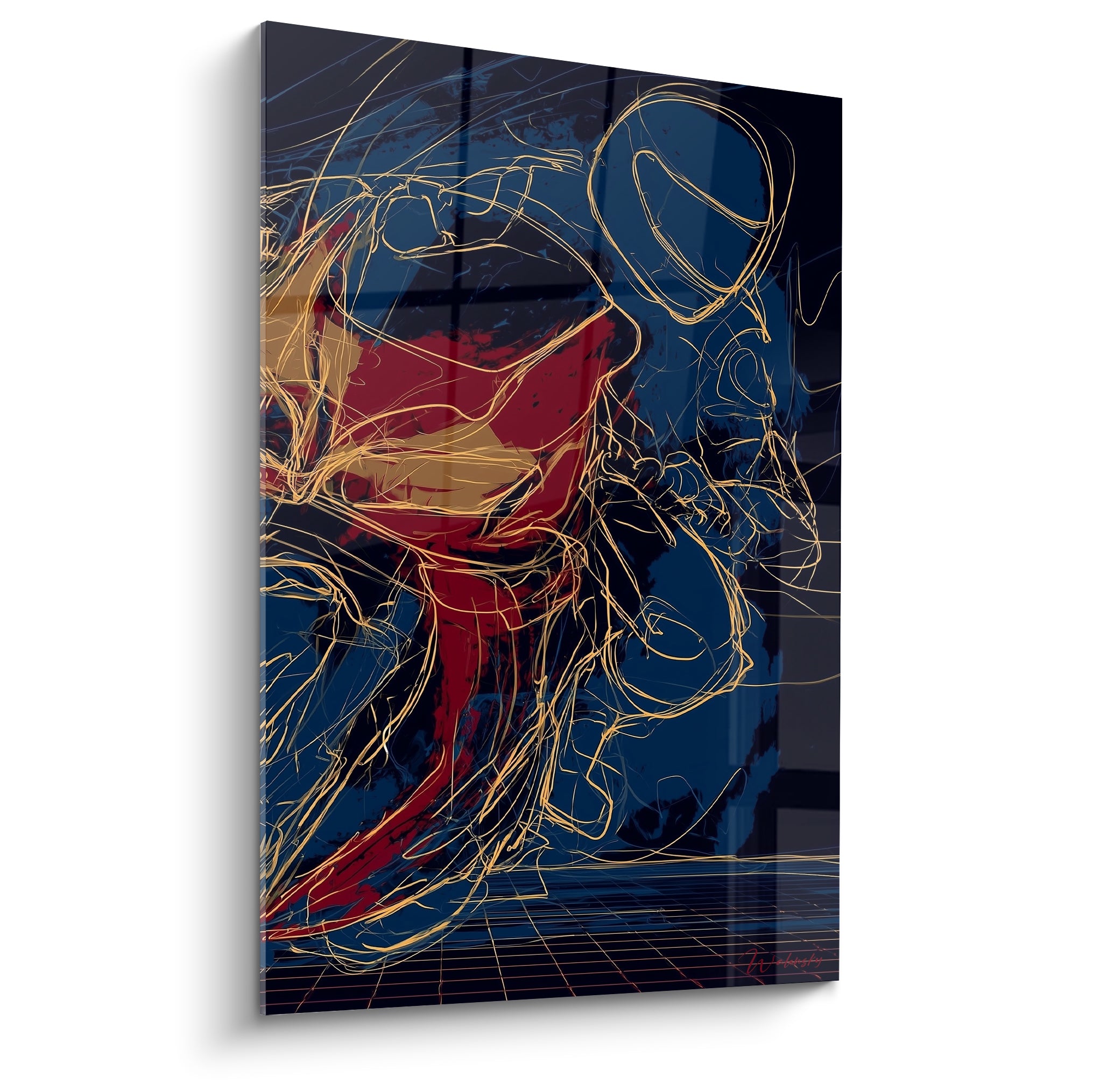 Silhouette de policier tracée en lignes dorées sur fond bleu marine et rouge fauve intense