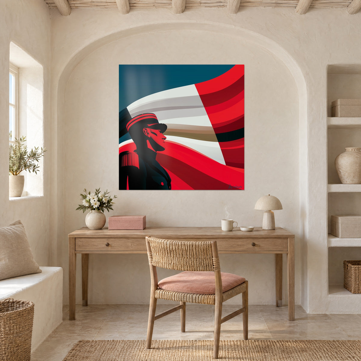 Schilderij grafisch portret van een officier met zwarte klep, grote purperen en witte golven, boven een bureau van licht hout