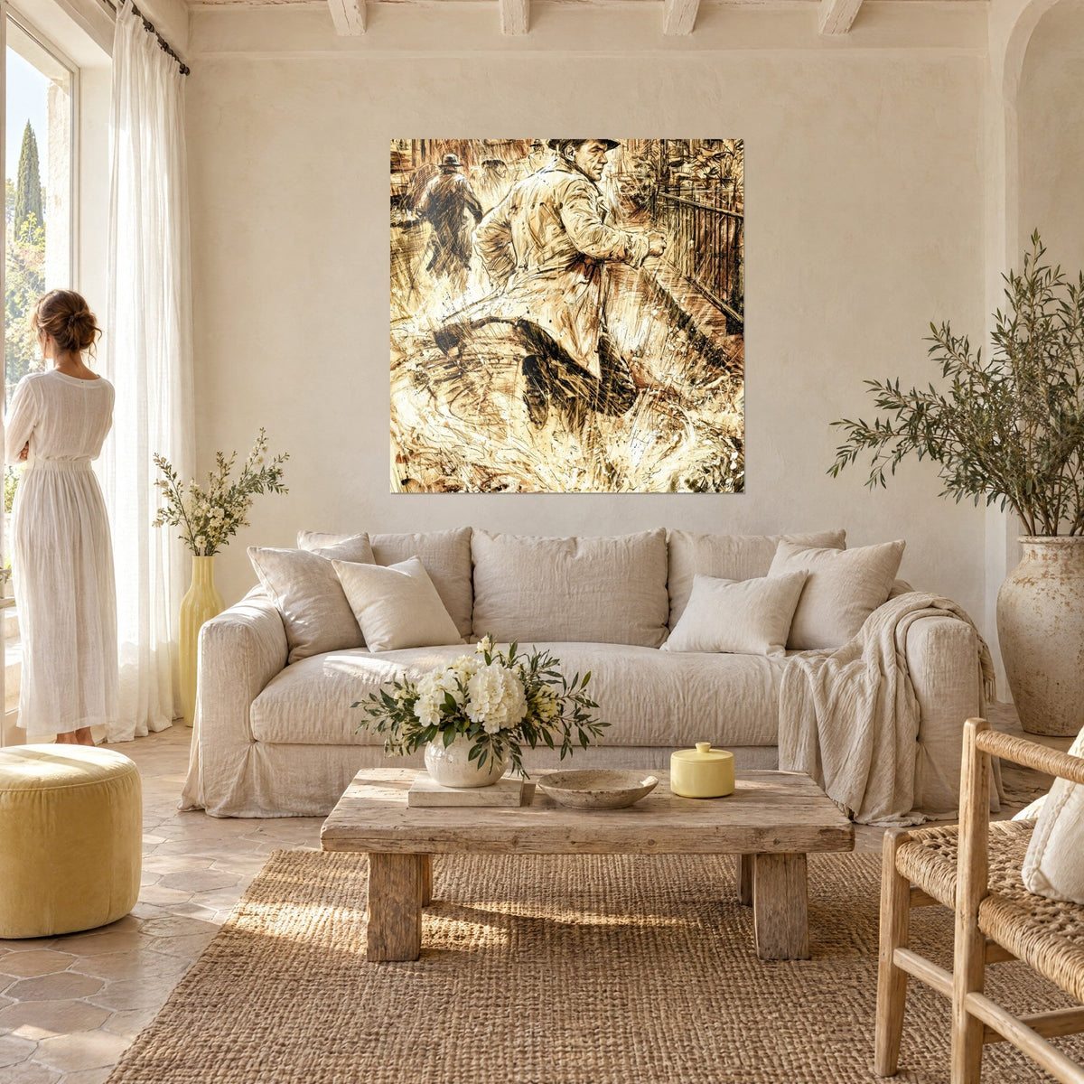 Wall art runaway in a beige raincoat running through puddles, sepia and black strokes, above a sofa in a bright living room