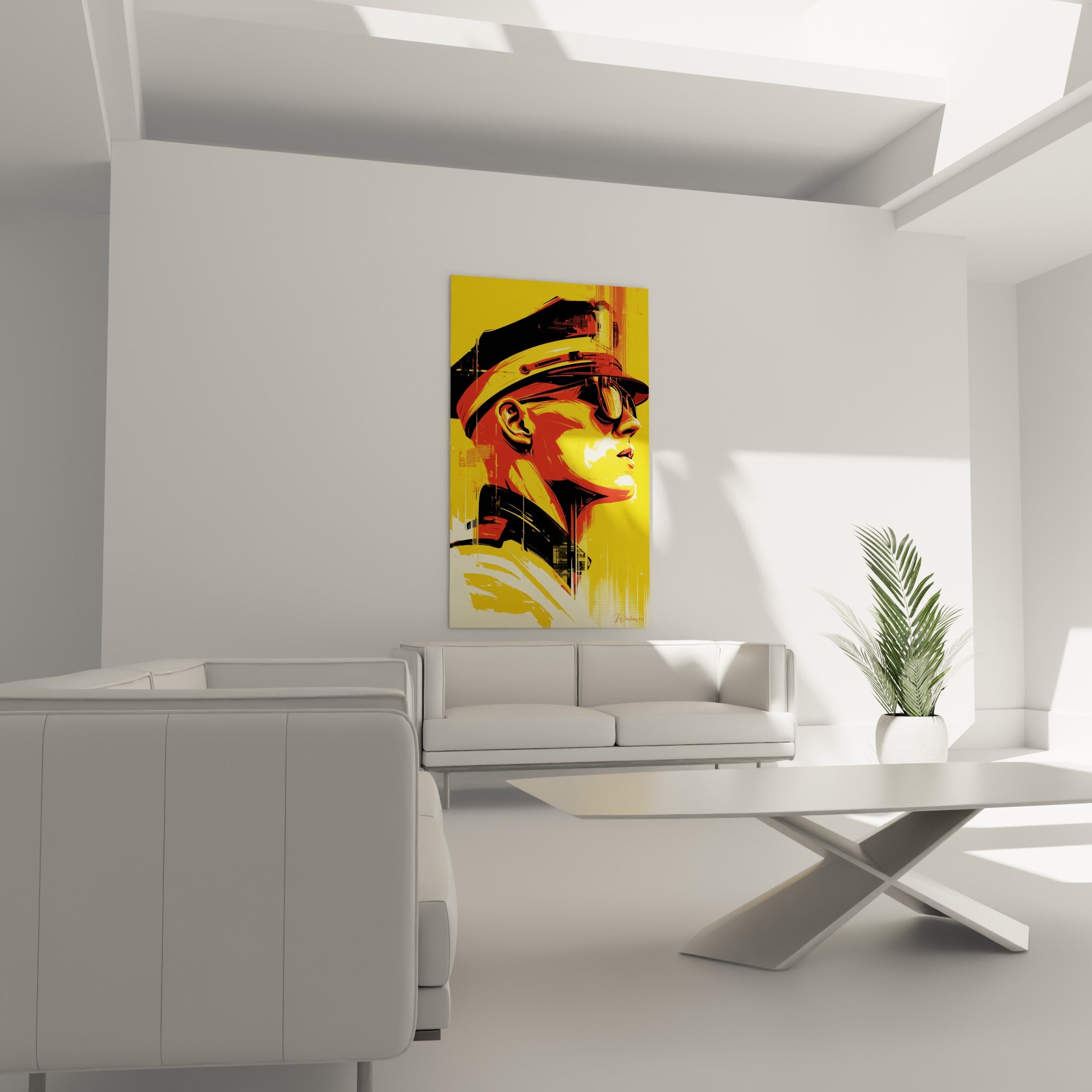 Portrait stylisé aux tons jaunes et rouges au-dessus d'un canapé dans un salon lumineux