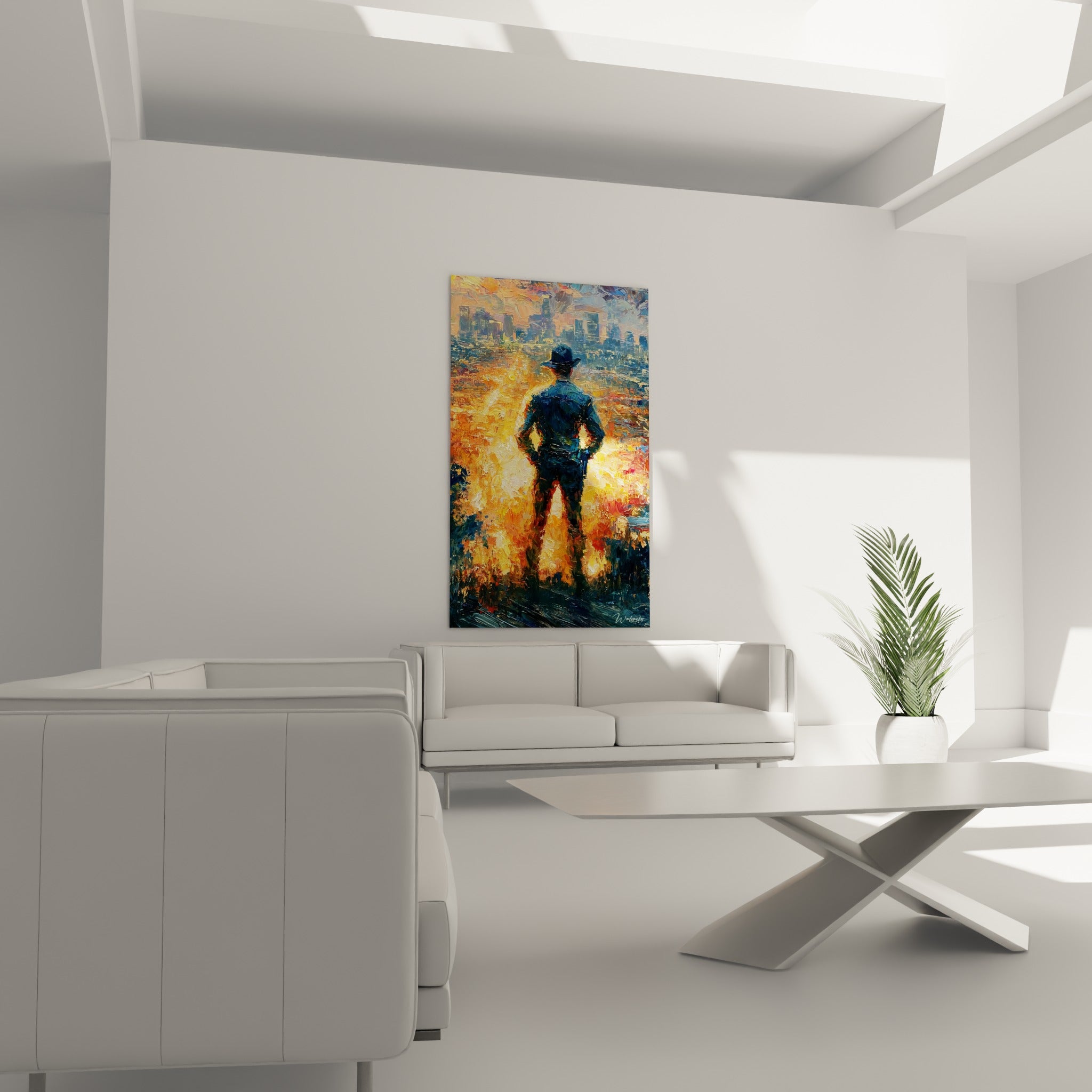 Figure de policier terracotta et anthracite observant l'horizon urbain, au-dessus d'un canapé dans un salon lumineux