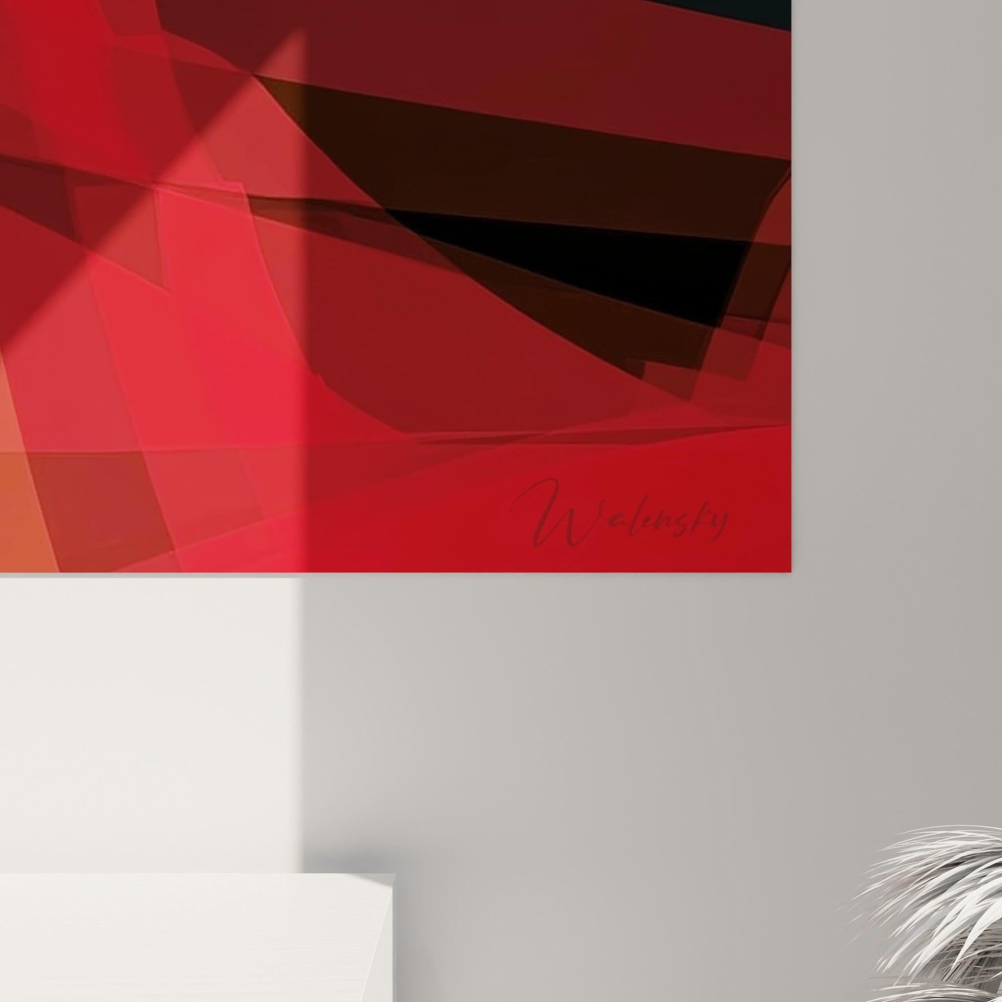 Détail des bandes rouges et bleu marine texturées du tableau policier montrant le grain de l'impression
