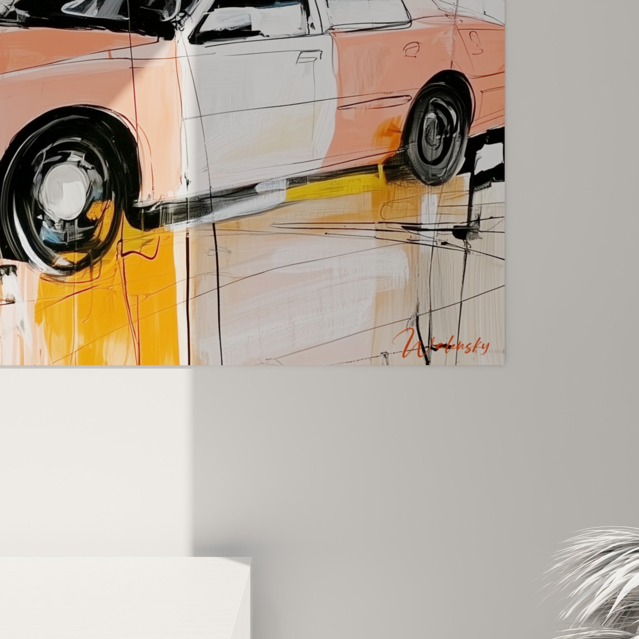 Empâtements noirs et coulures orangées sur carrosserie rose vif de près sur la toile