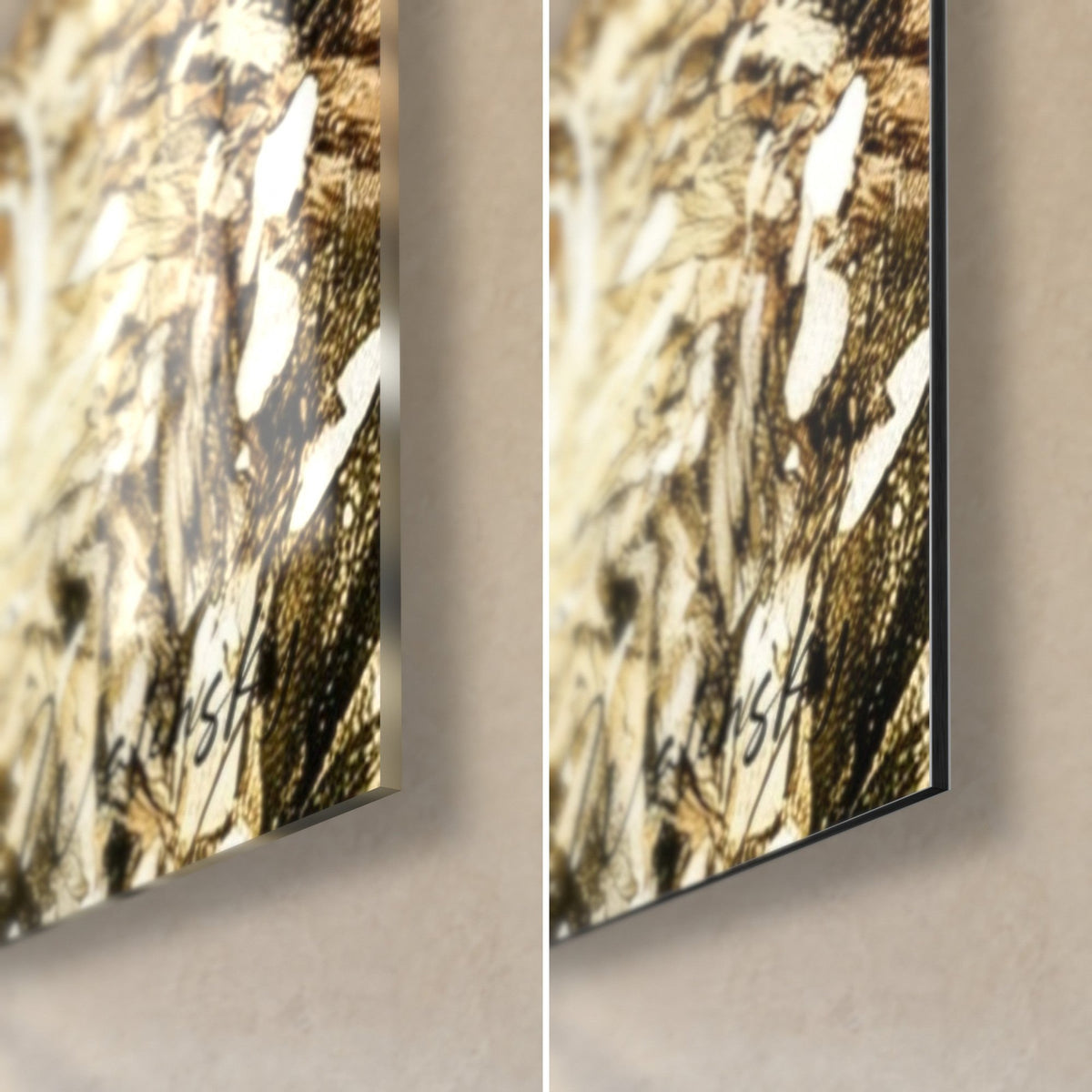 Wall art man in a sepia trench coat, bottom right corner: glossy acrylic glass on the left, matte black and ochre Dibond aluminium on the right, 3 mm edge