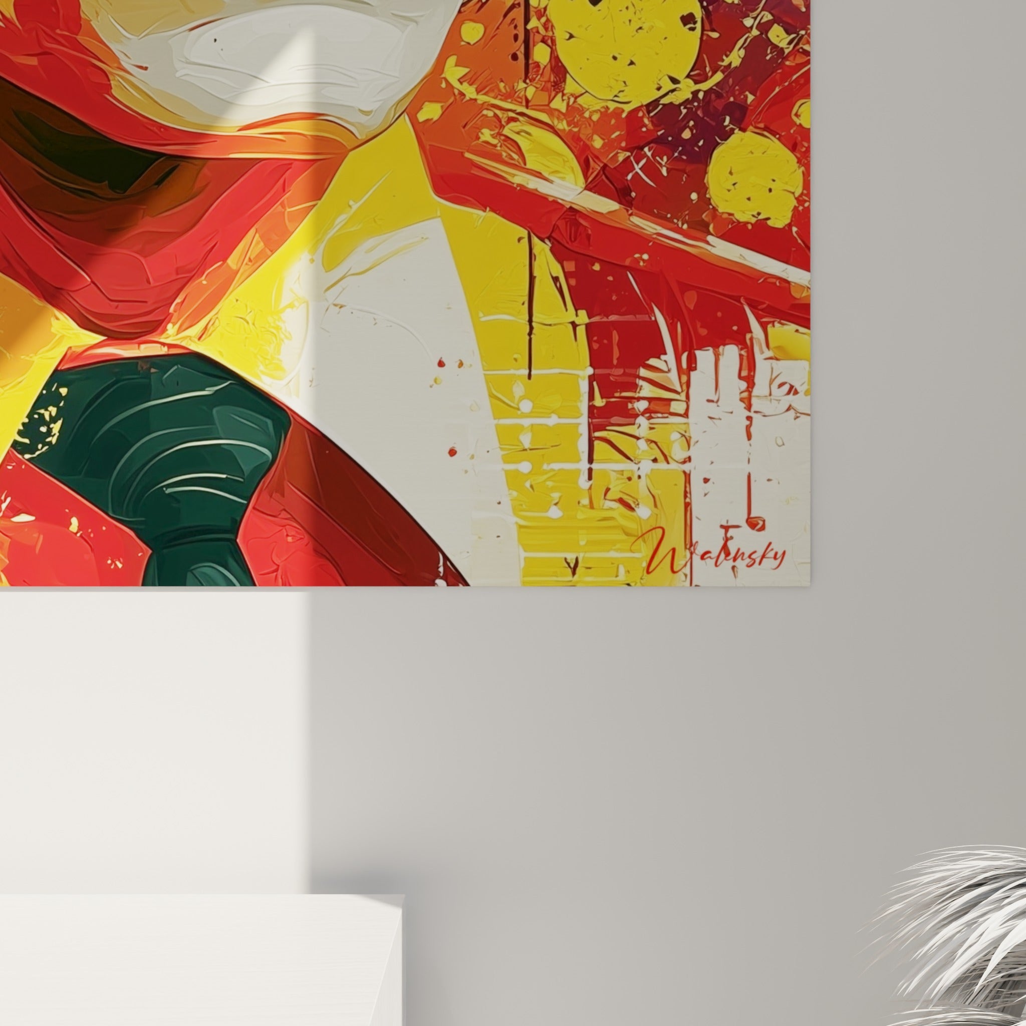 Empâtements jaunes et coulures rouges se mêlant sur la toile, grain épais visible près du casque gris