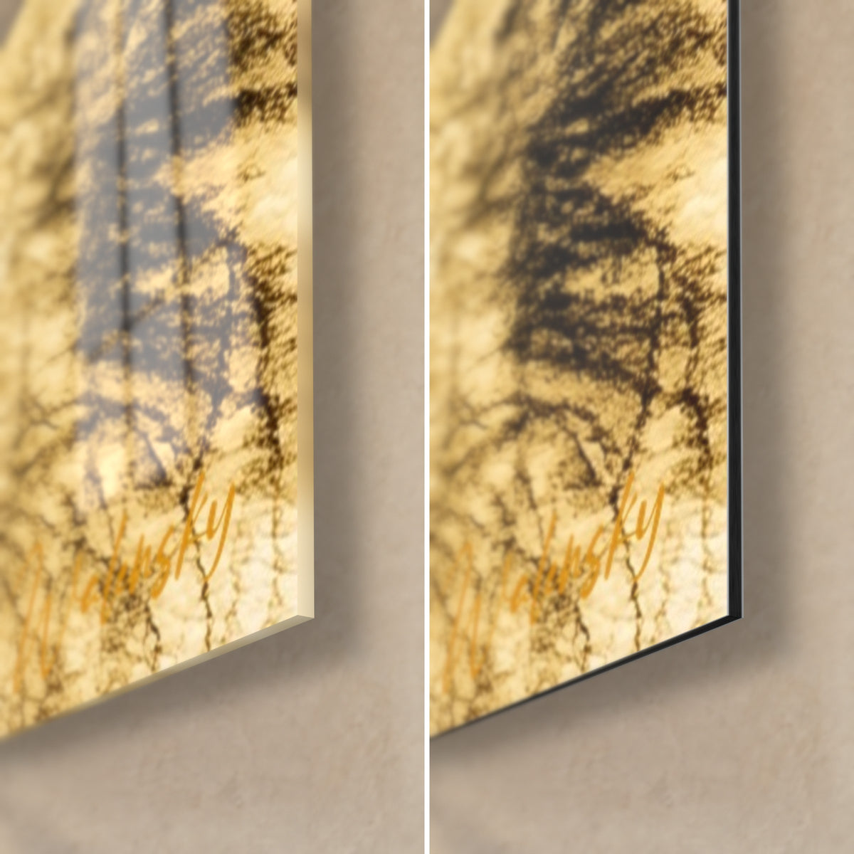 Tableau filature sépia, coin bas droit : verre acrylique brillant aux reflets ambrés à gauche, alu Dibond mat noir à droite, tranche de 3 mm