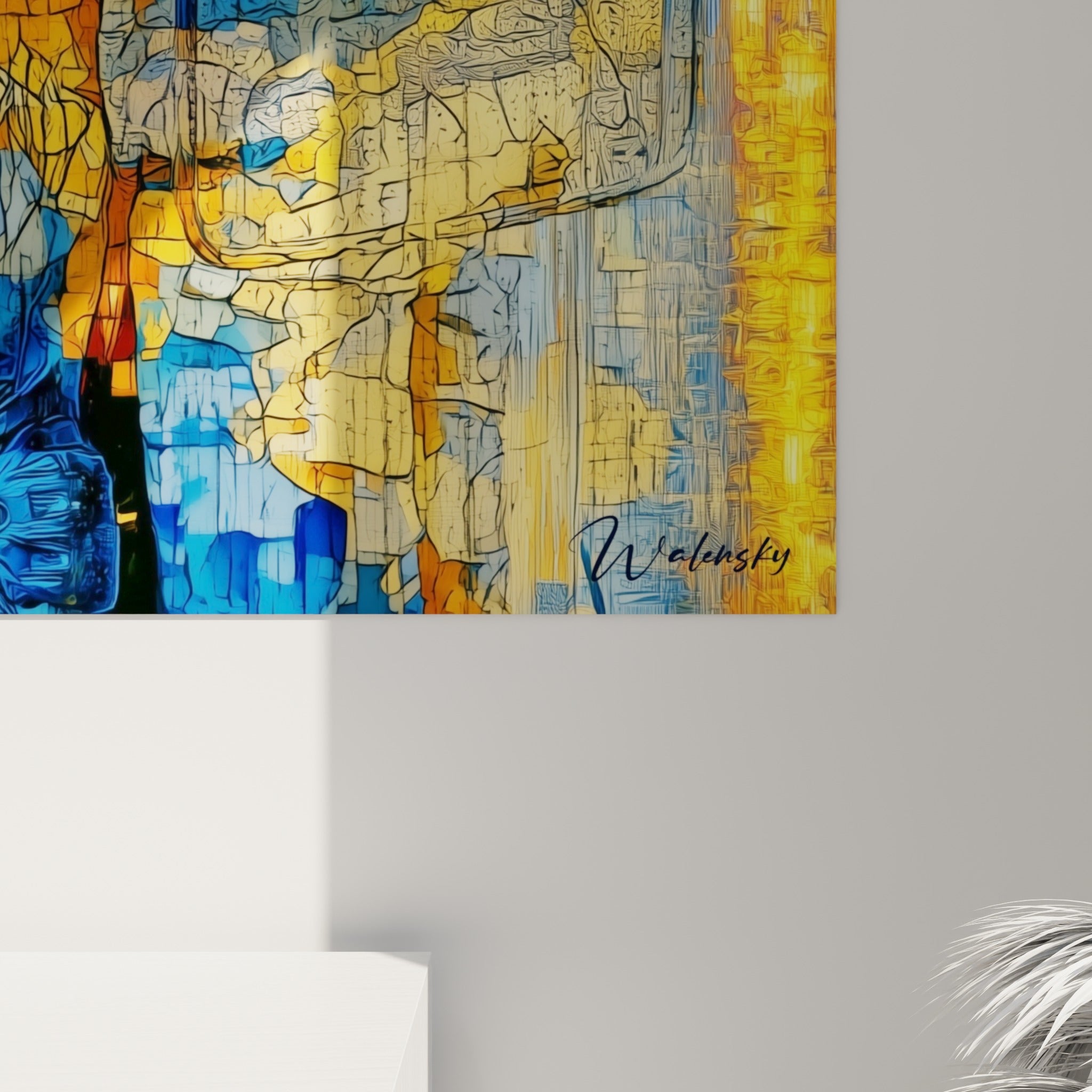 Empâtements fragmentés en bleu profond et orange vif révélant la texture mosaïquée de la toile policier