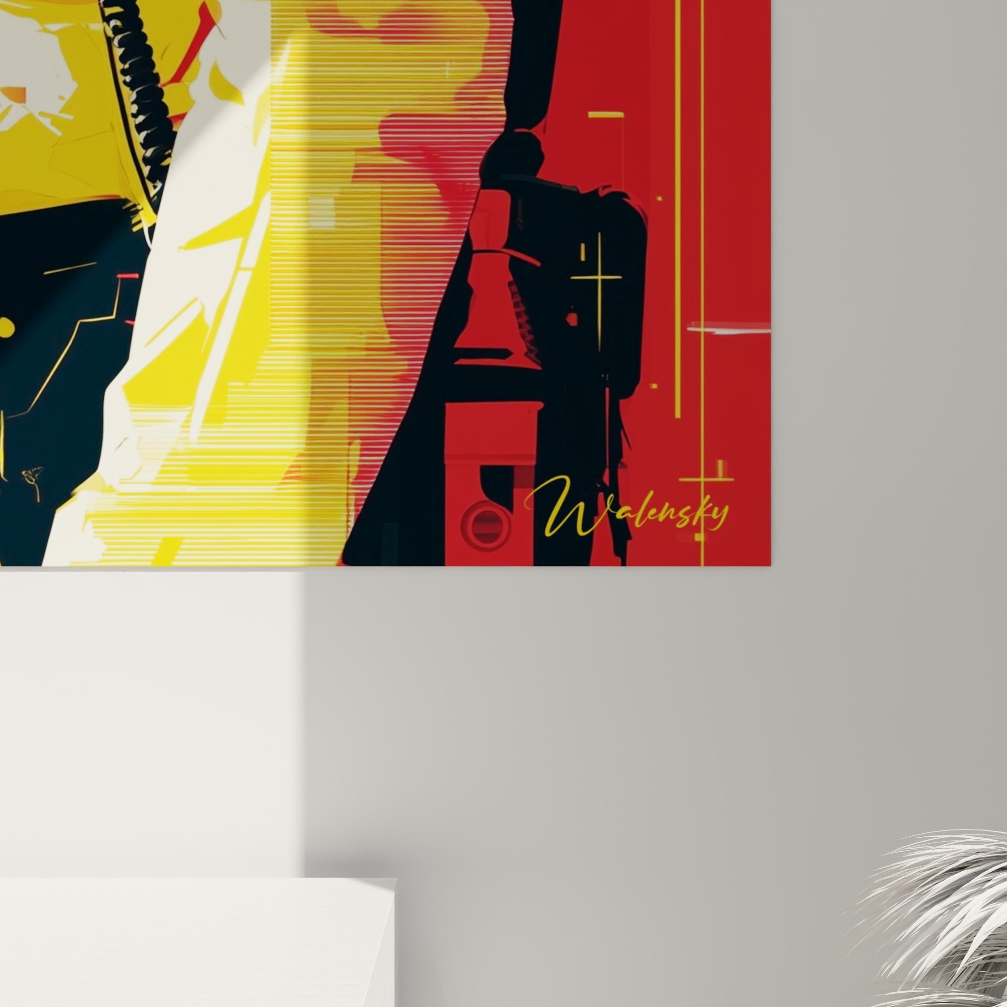 Détail des empâtements jaunes et rouges, stries numériques et grain de l'impression du tableau