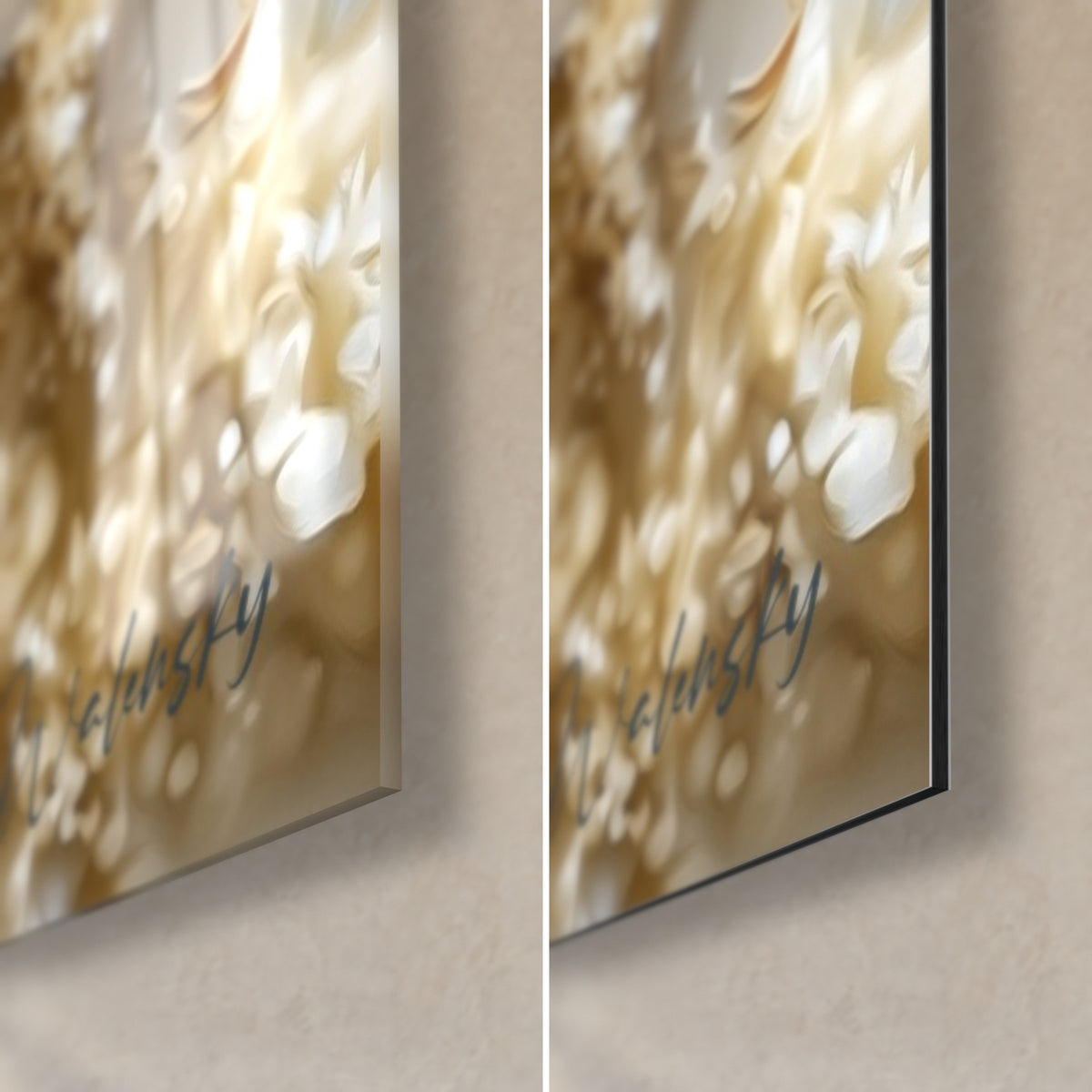 Cuadro jinete de caballería en relieve dorado, esquina inferior derecha moteada de espuma beige y marfil, cristal brillante y Dibond mate, canto de 3 mm