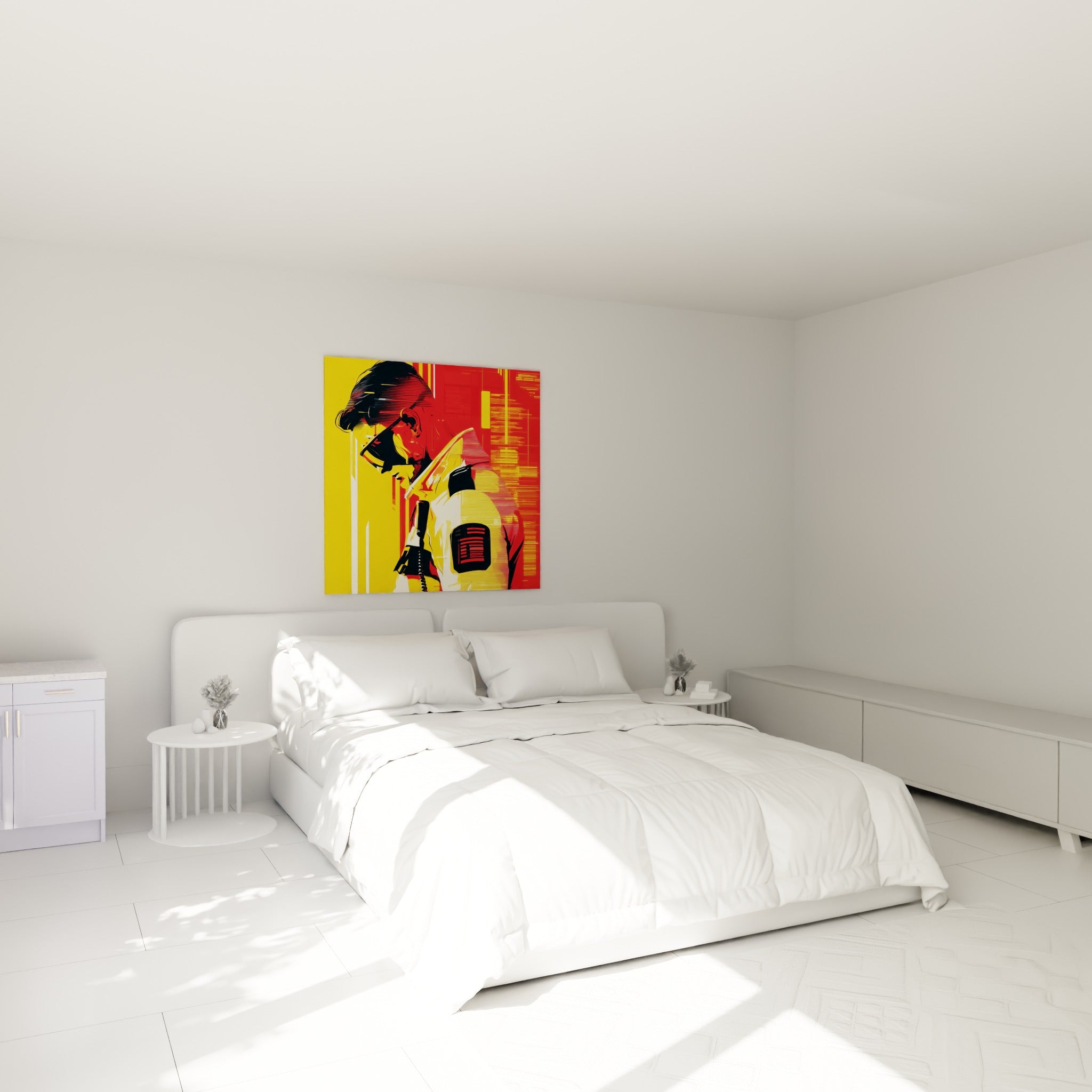Agent en uniforme crème sur fond jaune et rouge, au-dessus d'un lit dans une chambre claire