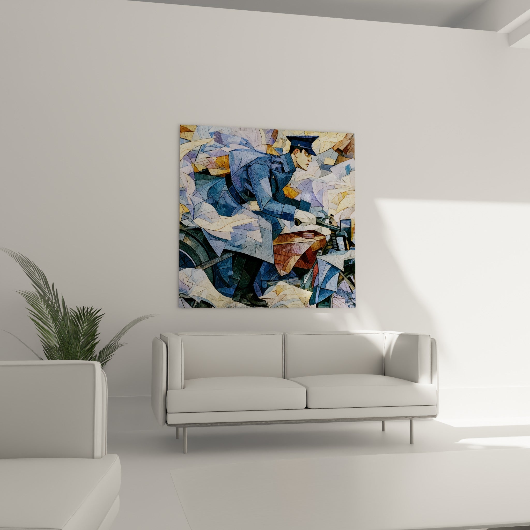 Uniforme bleu marine et réservoir terracotta d'un motard cubiste, disposé au-dessus d'un canapé dans un salon lumineux