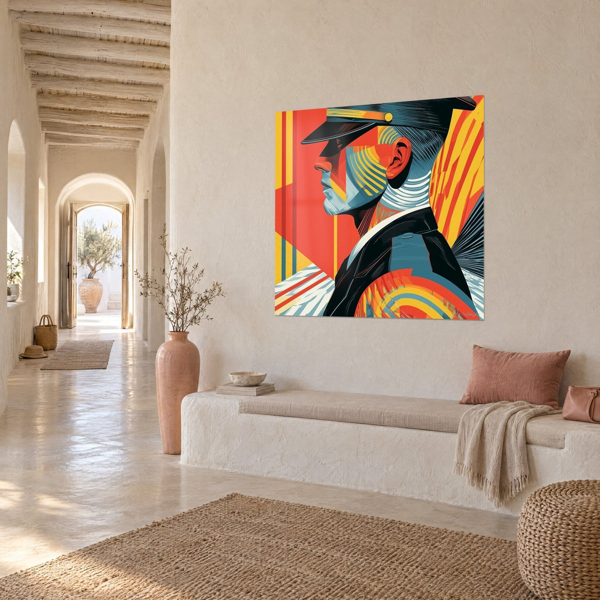 Wall art policeman in graphic silhouette, black jacket, coral red and steel blue, white wall of a Mediterranean hallway