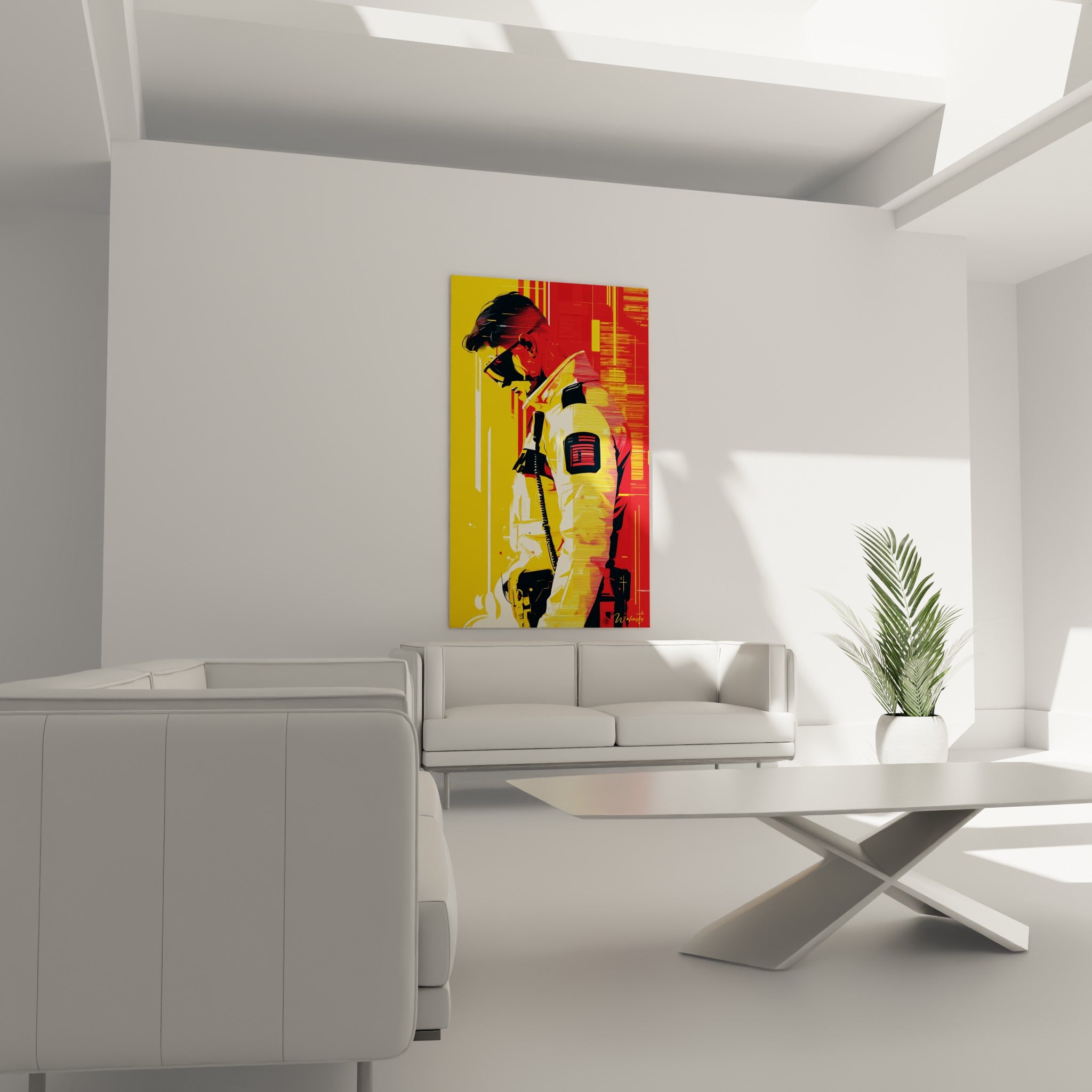 Policier stylisé aux teintes jaune et rouge au-dessus d'un canapé dans un salon lumineux
