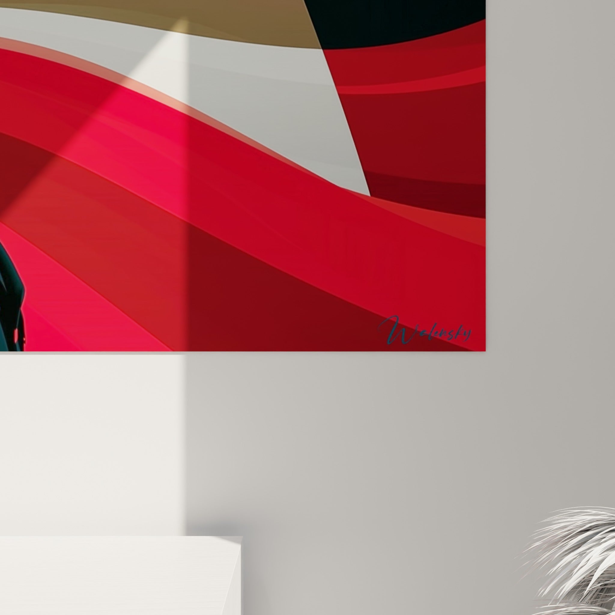 Détail des vagues rouge, blanc et ocre du drapeau peint avec des transitions de couleurs fondues et nettes