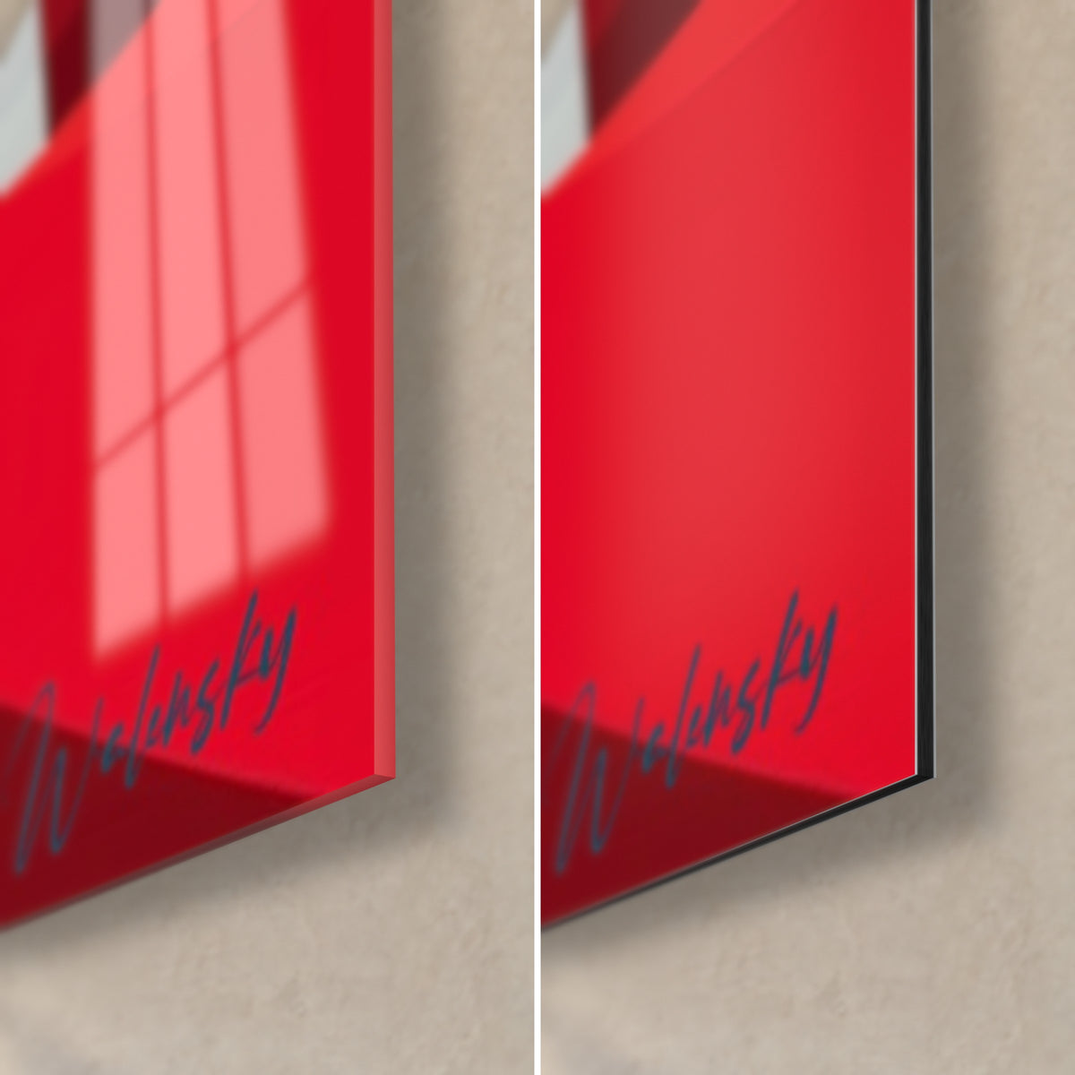 Schilderij agent in uniform, rechtsonder: glanzend felrood acrylglas links, mat Dibond rechts, zwarte rand van 3 mm