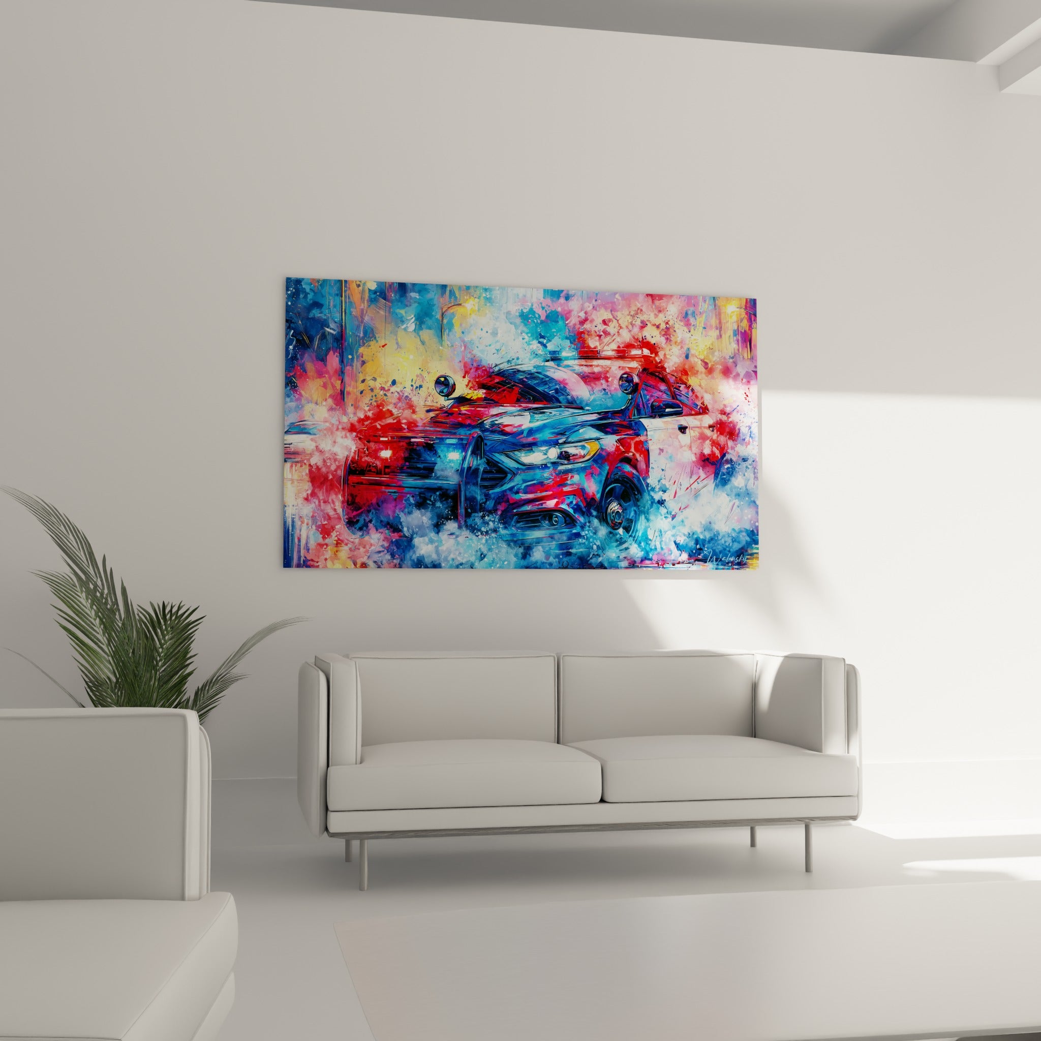 Véhicule de patrouille bleu et blanc entouré d'éclaboussures rouges au-dessus d'un canapé dans un salon lumineux