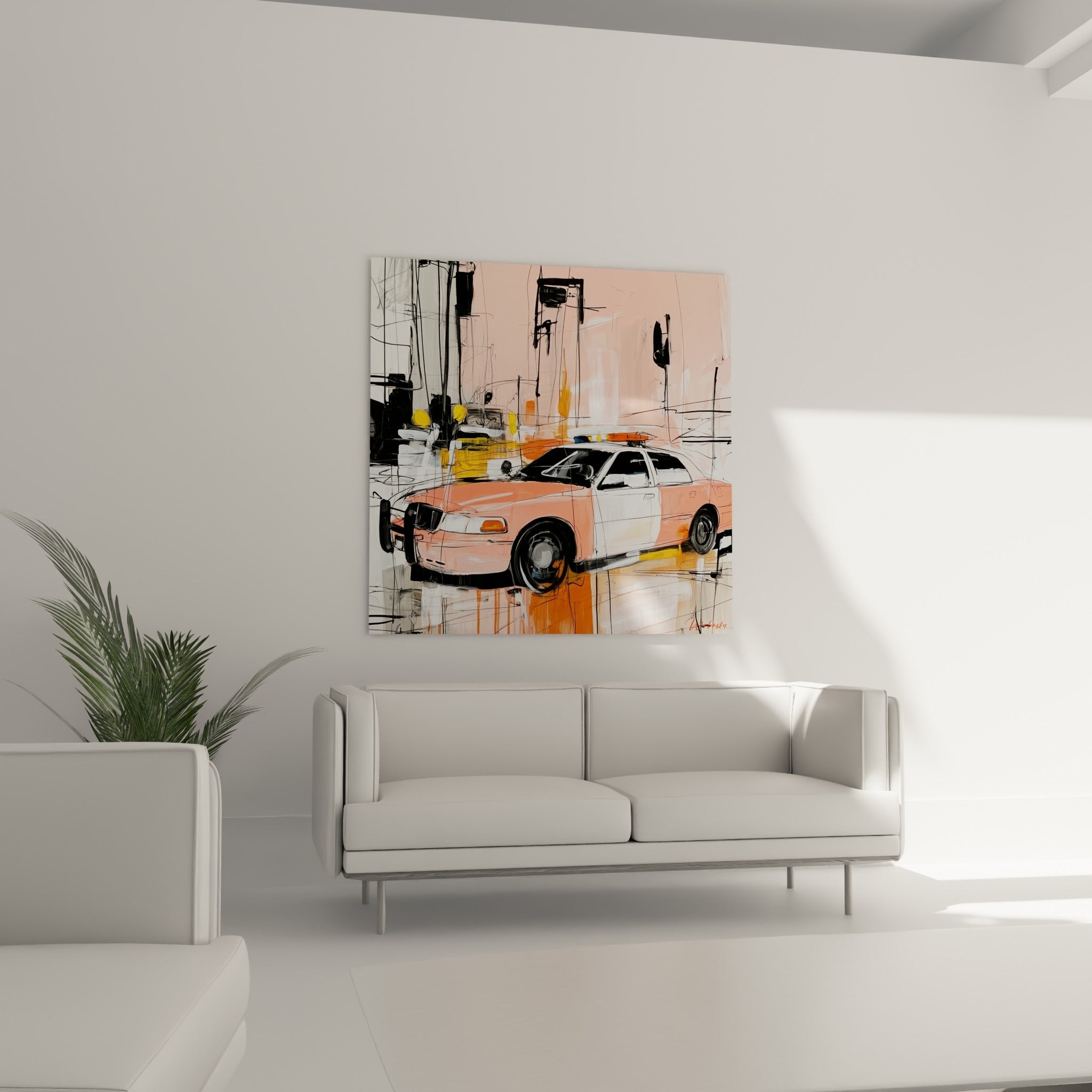 Voiture rose pâle et blanche aux touches jaune moutarde au-dessus d'un canapé dans un salon lumineux