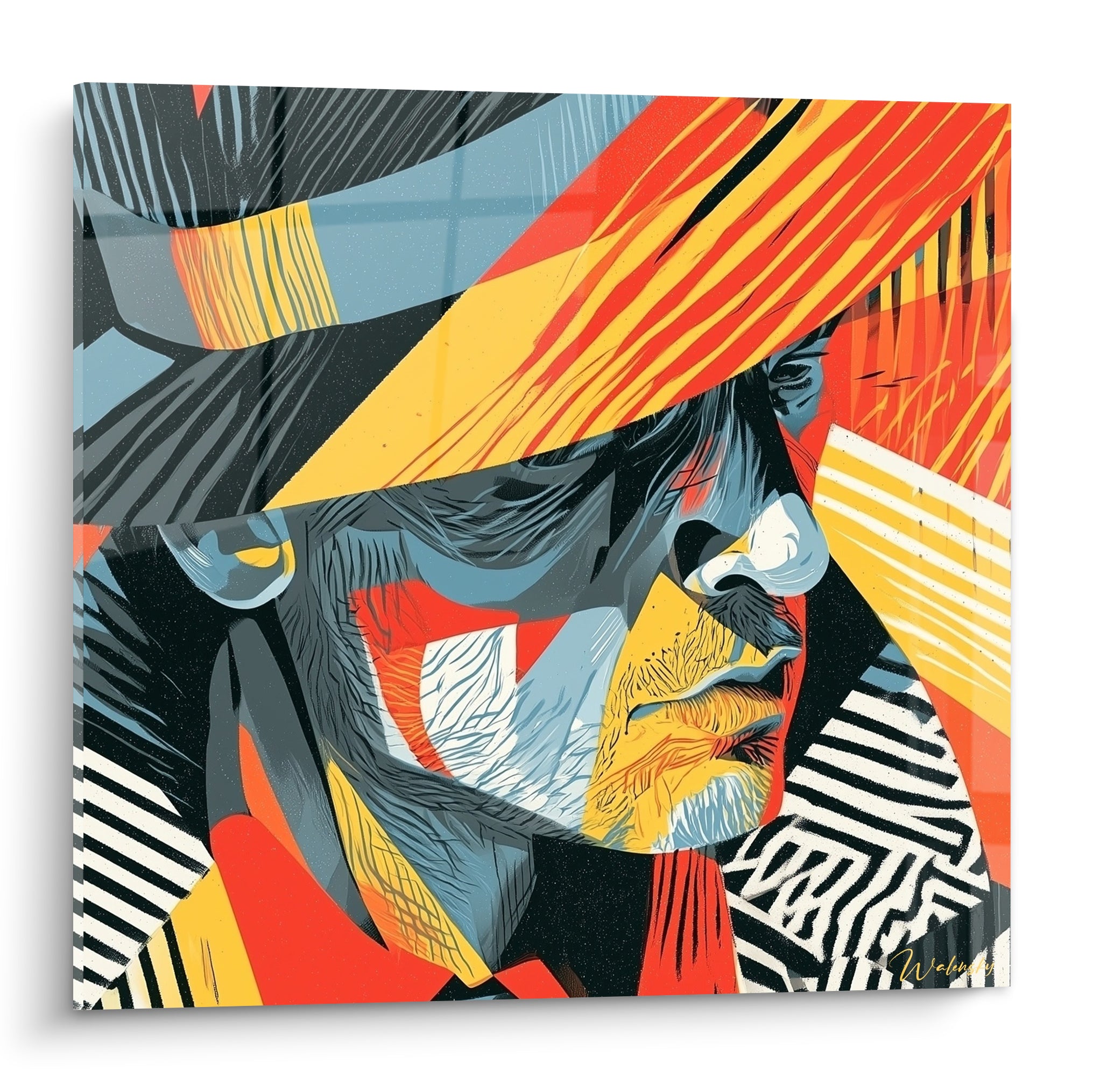 Visage fragmenté en rouge, jaune et bleu ardoise, composition graphique aux rayures diagonales
