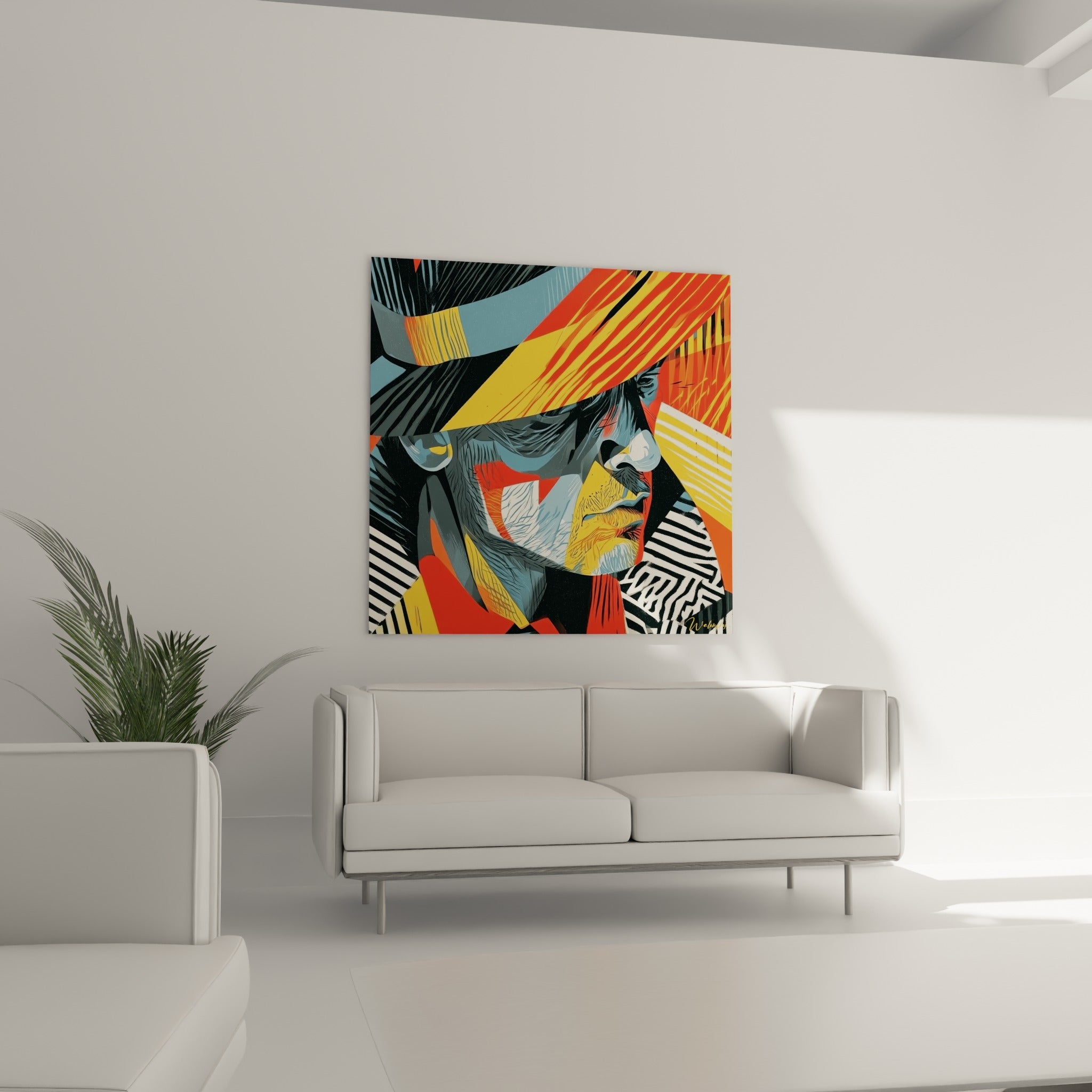 Éclats de couleurs jaune et bleu ardoise sur un visage stylisé, au-dessus d'un canapé dans un salon lumineux