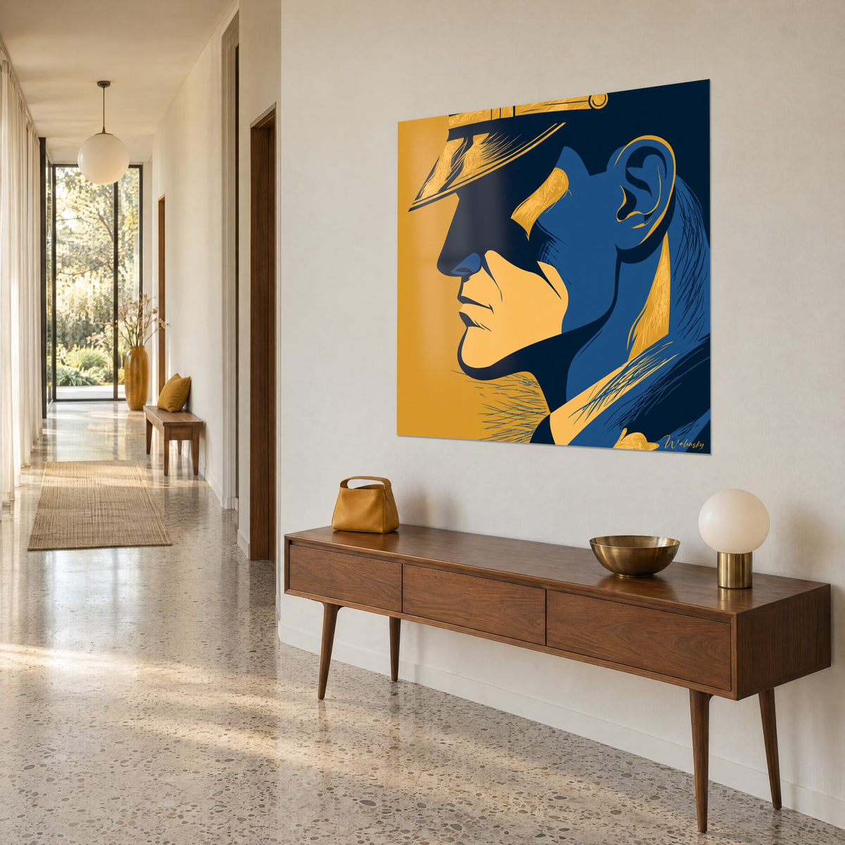 Schilderij van een politieagent in profiel met een blik op de horizon, nachtblauw en honinggeel, crèmekleurige gang met een console van donker hout
