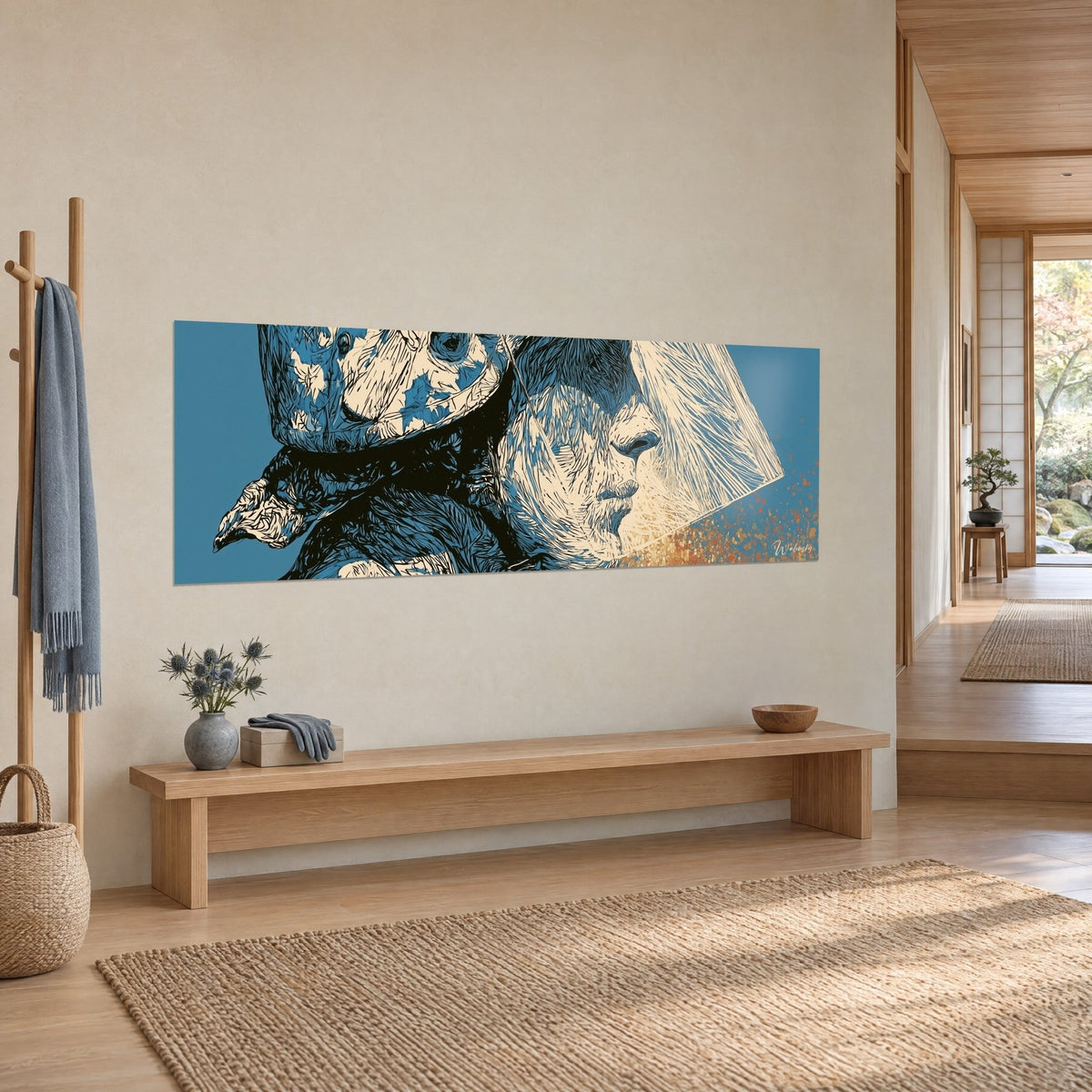 Quadro ritratto di un agente dal viso avorio, plexiglas traslucido davanti al naso, sfondo blu, visto di tre quarti in un corridoio