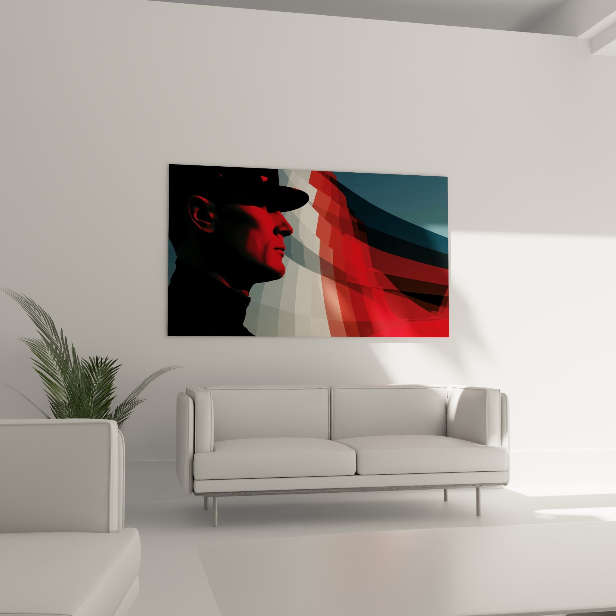 Visage rouge intense encadré de noir du tableau policier suspendu au-dessus d'un canapé dans un salon lumineux