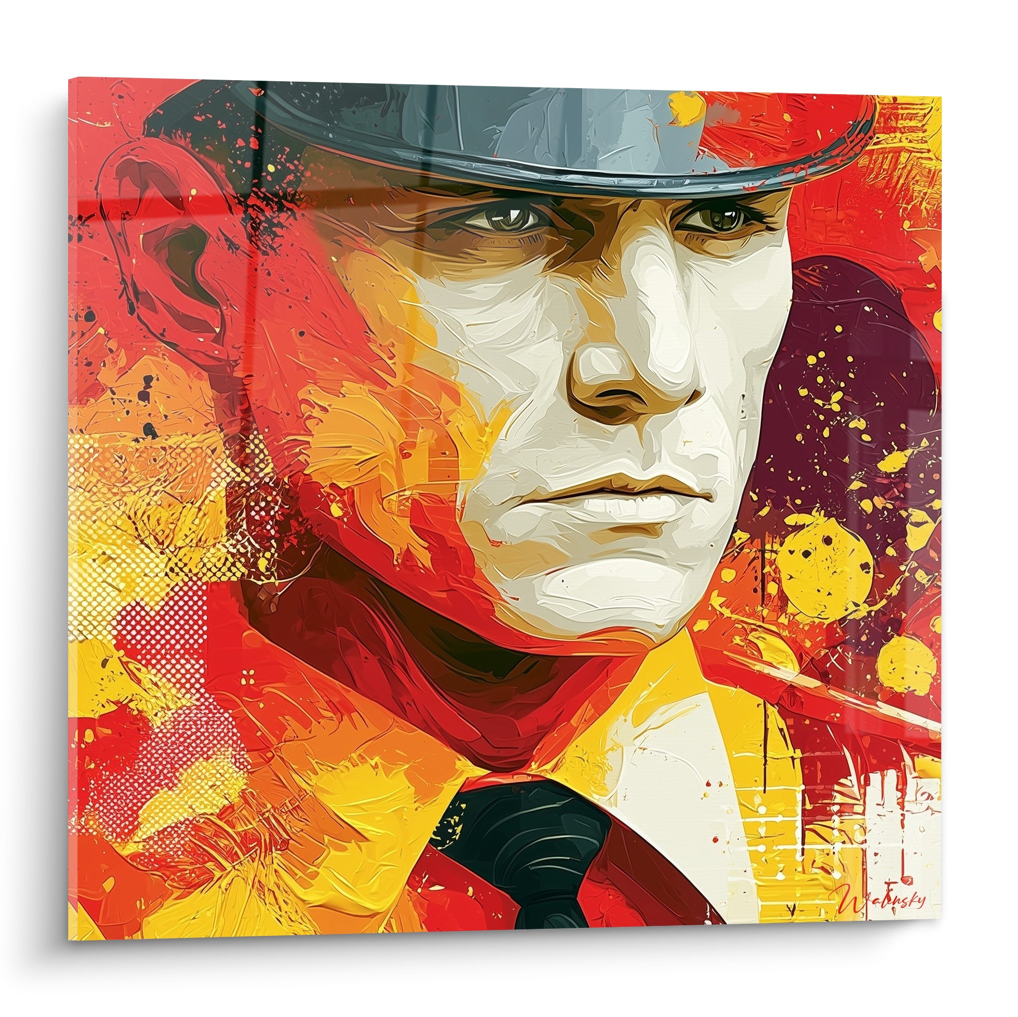 Policier au regard fixe, casque gris, fond rouge et jaune en larges touches picturales expressives