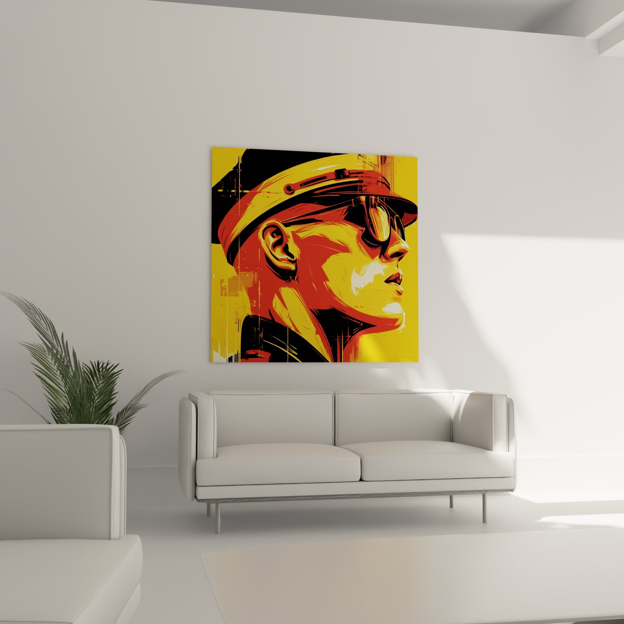 Visage rouge et doré aux lunettes réfléchissantes, tableau Police au-dessus d'un canapé dans un salon lumineux
