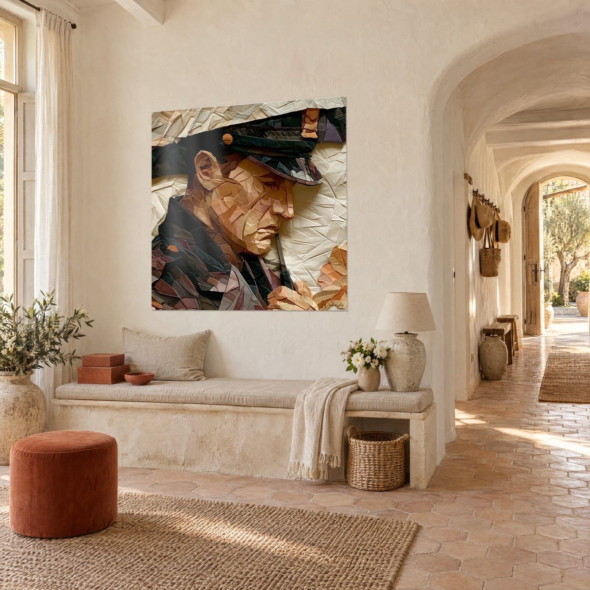 Schilderij van een politieagent met donkere kepi, gebeeldhouwd uit verfrommeld bruin en crèmekleurig papier, oranje knoop, in de gewelfde gang van de mas