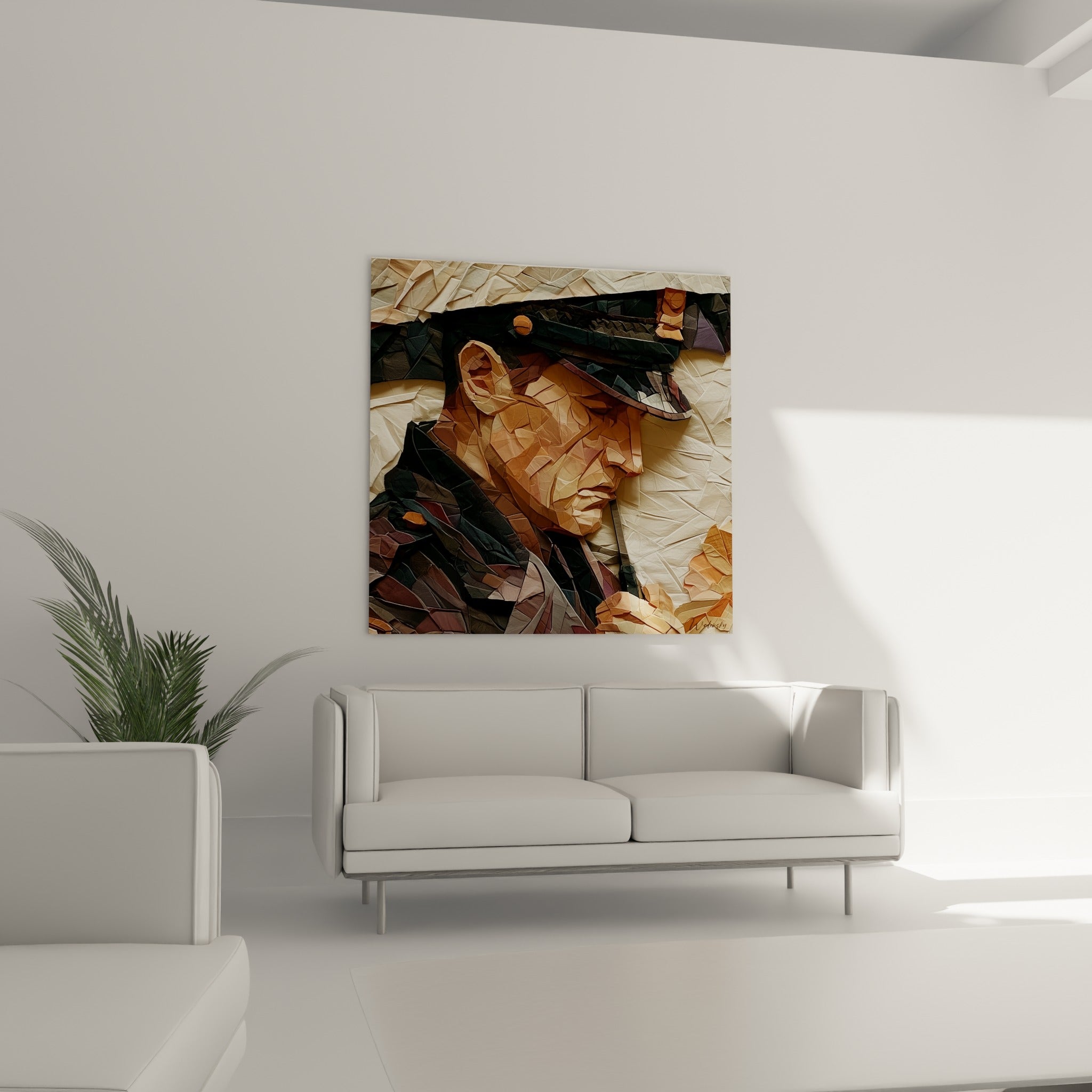 Portrait de policier terracotta et doré à la texture sculptée, au-dessus d'un canapé dans un salon lumineux