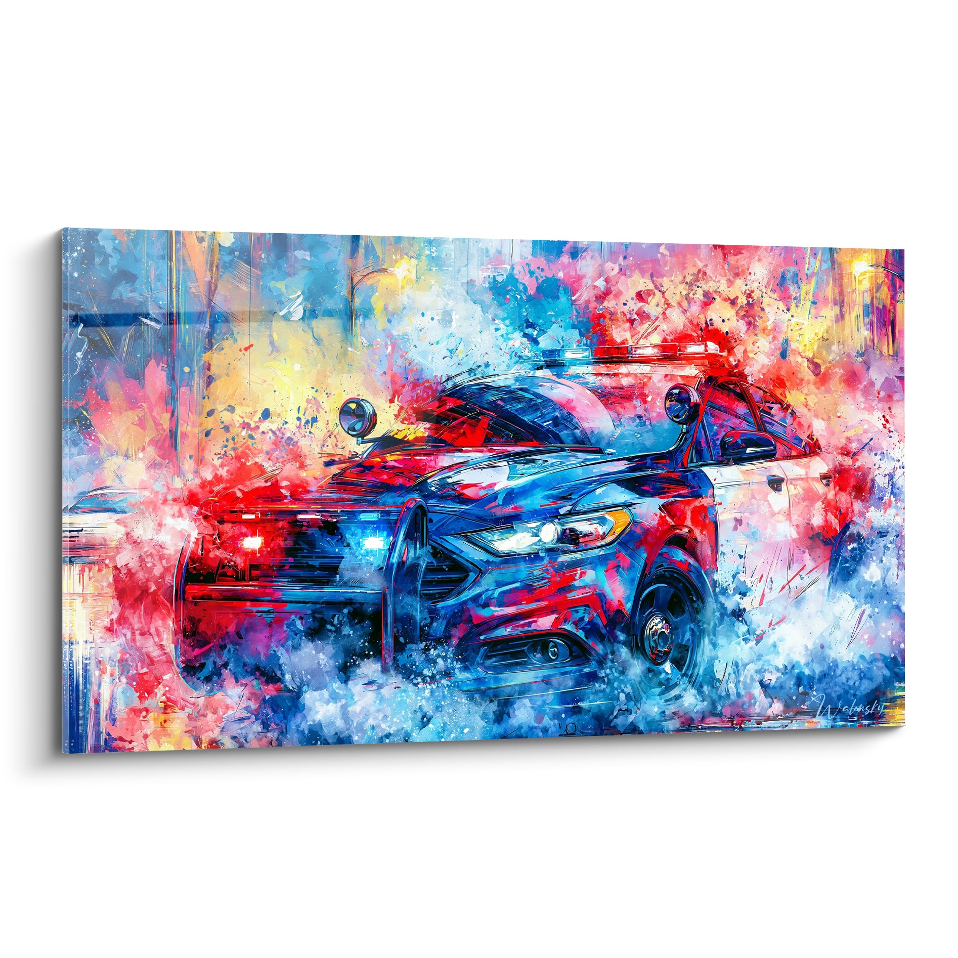 Voiture de police bleu marine et rouge, gyrophares allumés, style aquarelle éclatée en mouvement