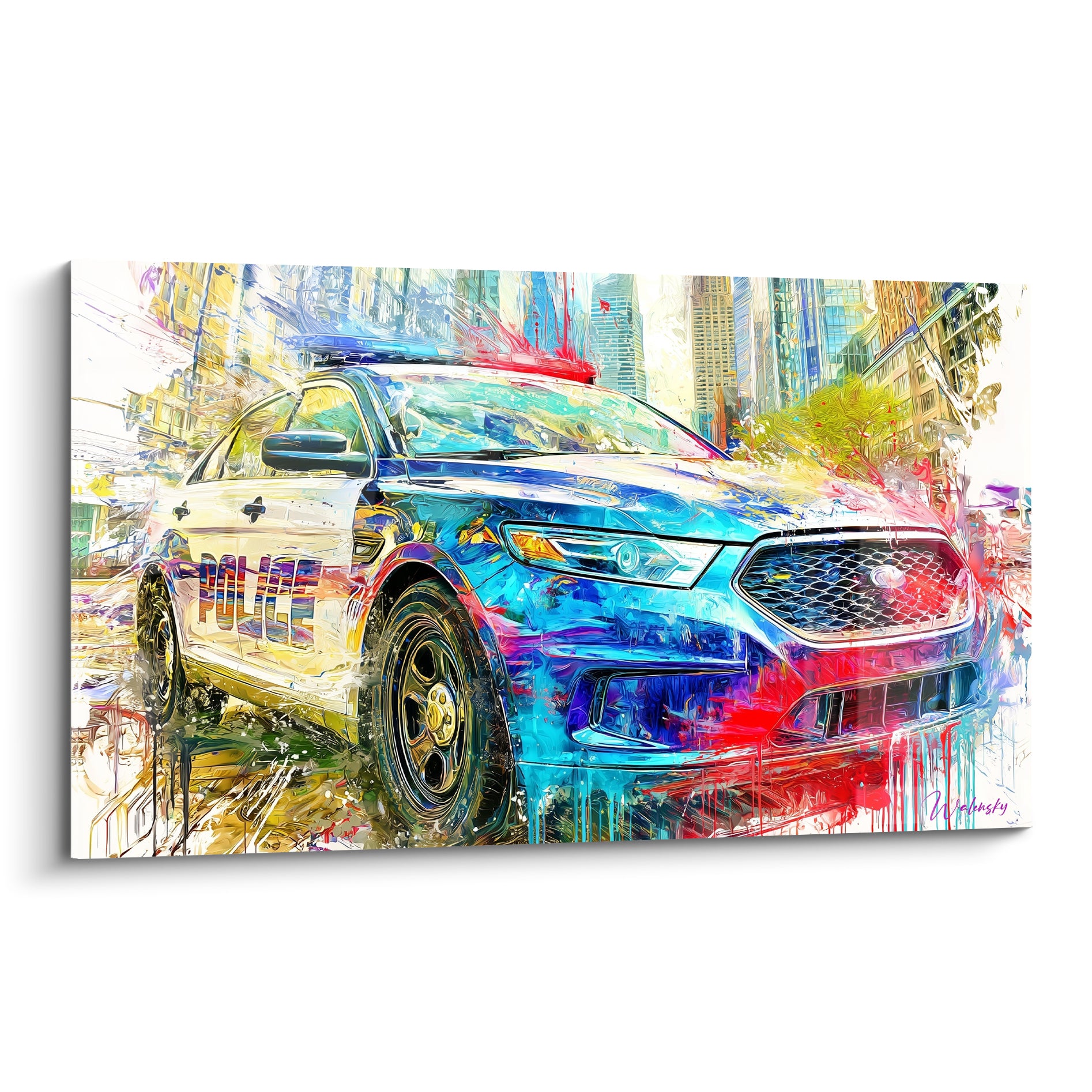 Voiture de police blanche et bleue peinte avec coulures rouges et fond urbain flou