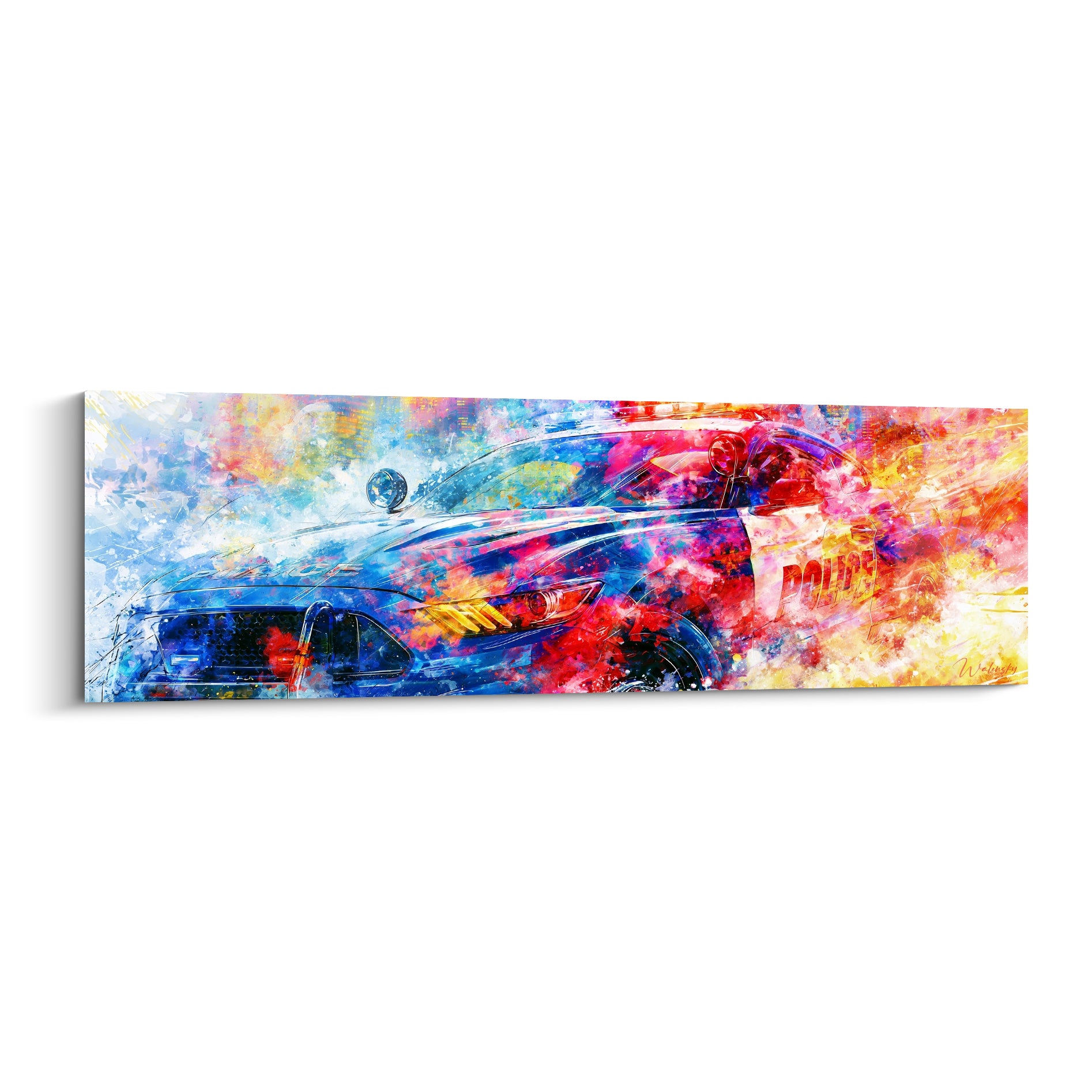 Voiture de Police bleue et rouge éclaboussée de peinture jaune et blanche, style pictural éclaté