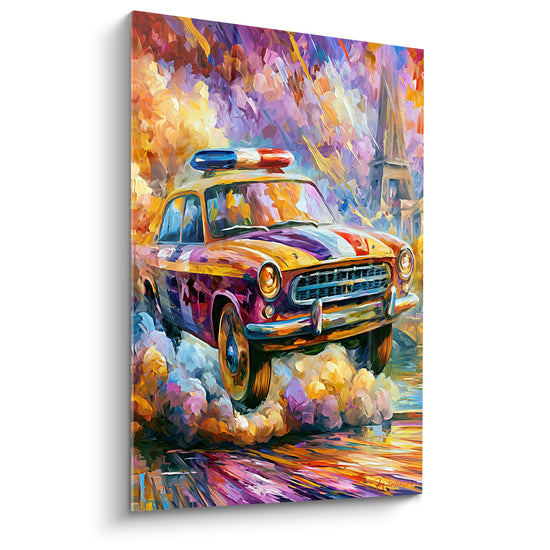 Tableau Voiture de police jaune et violette - Course effrénée nocturne - Edition Police