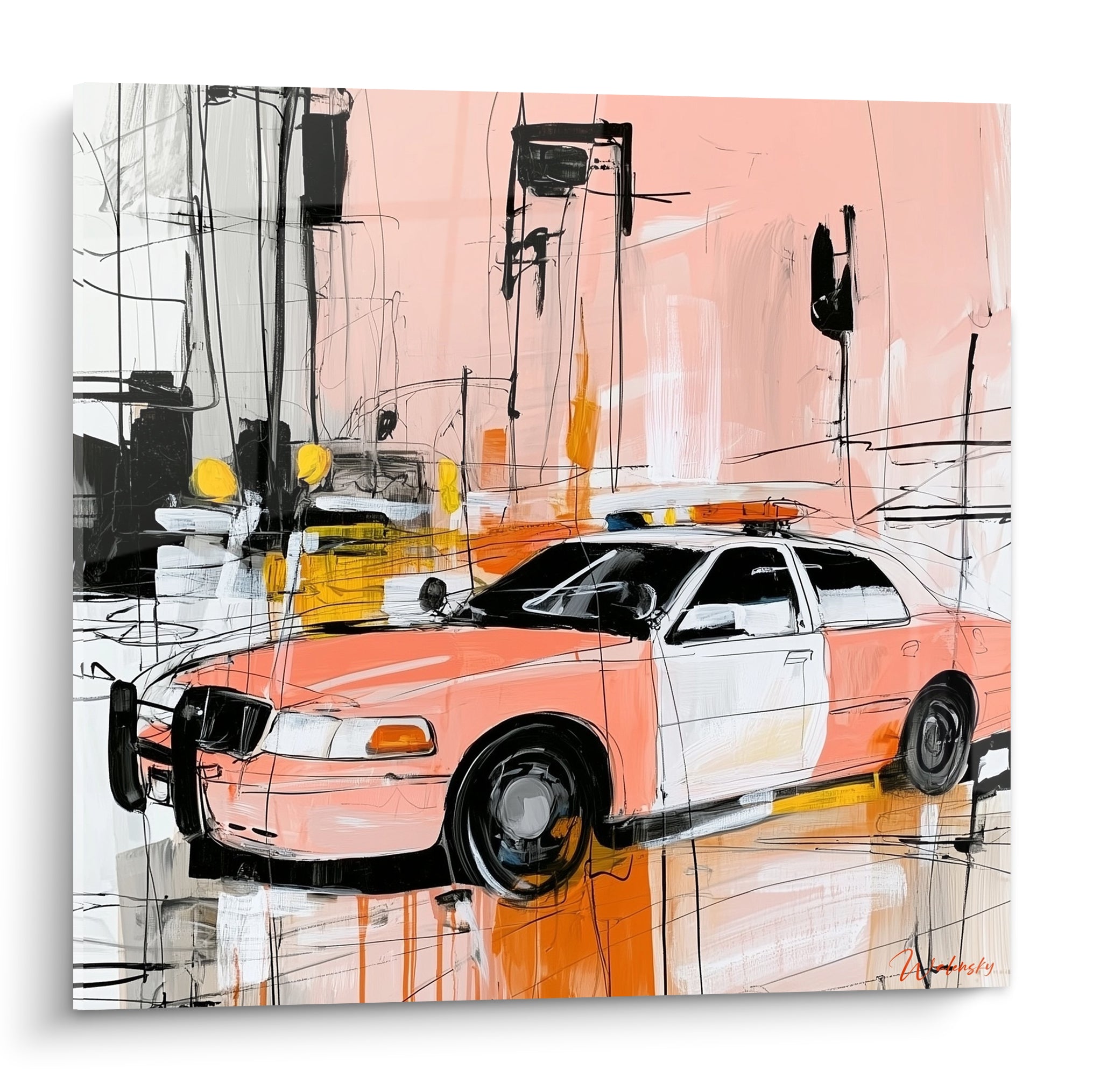Voiture de patrouille rose et blanche aux traits noirs esquissés sur fond pastel