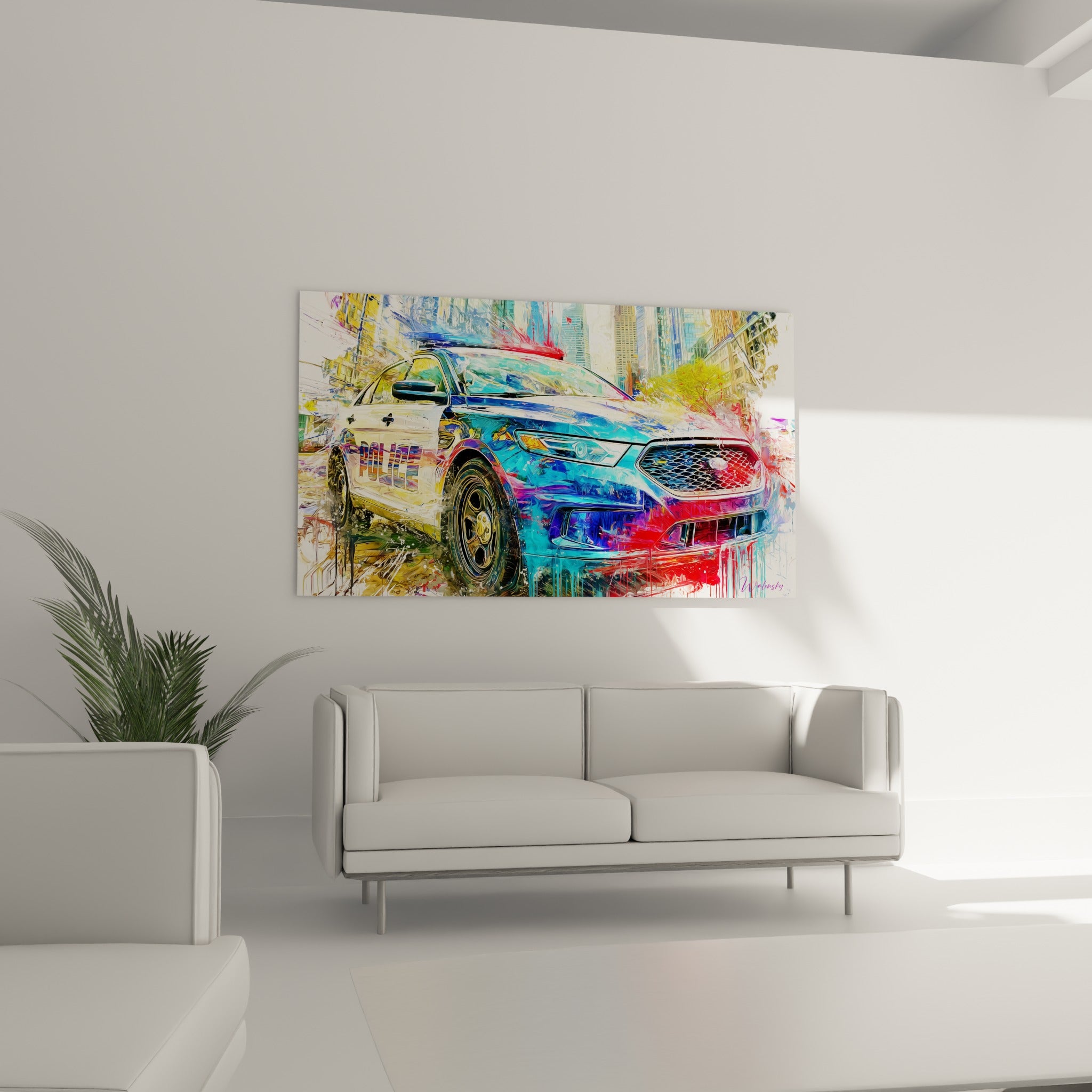Voiture d'intervention bleue et blanche aux coulures rouges au-dessus d'un canapé dans un salon lumineux