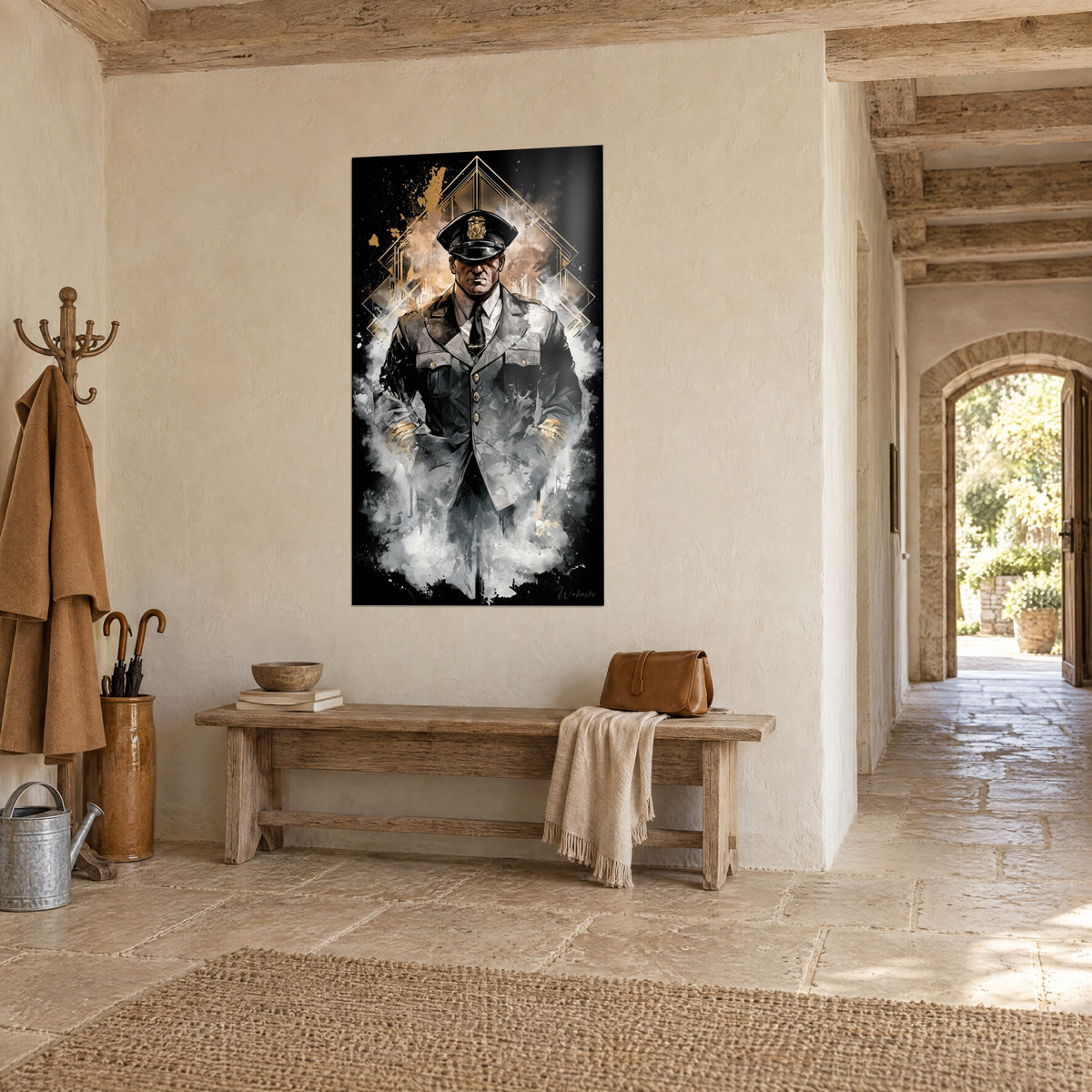 Quadro guardiano imperturbabile con distintivo dorato, fumo bianco e schizzi ocra su fondo nero, corridoio in pietra