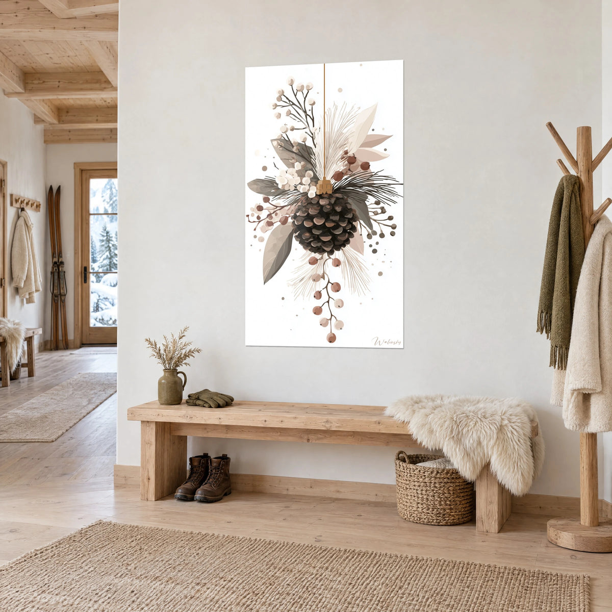 Cuadro composición festiva de hojas grises, ramas dentadas y racimos de bayas rosadas, banco de madera de estilo chalet en la entrada