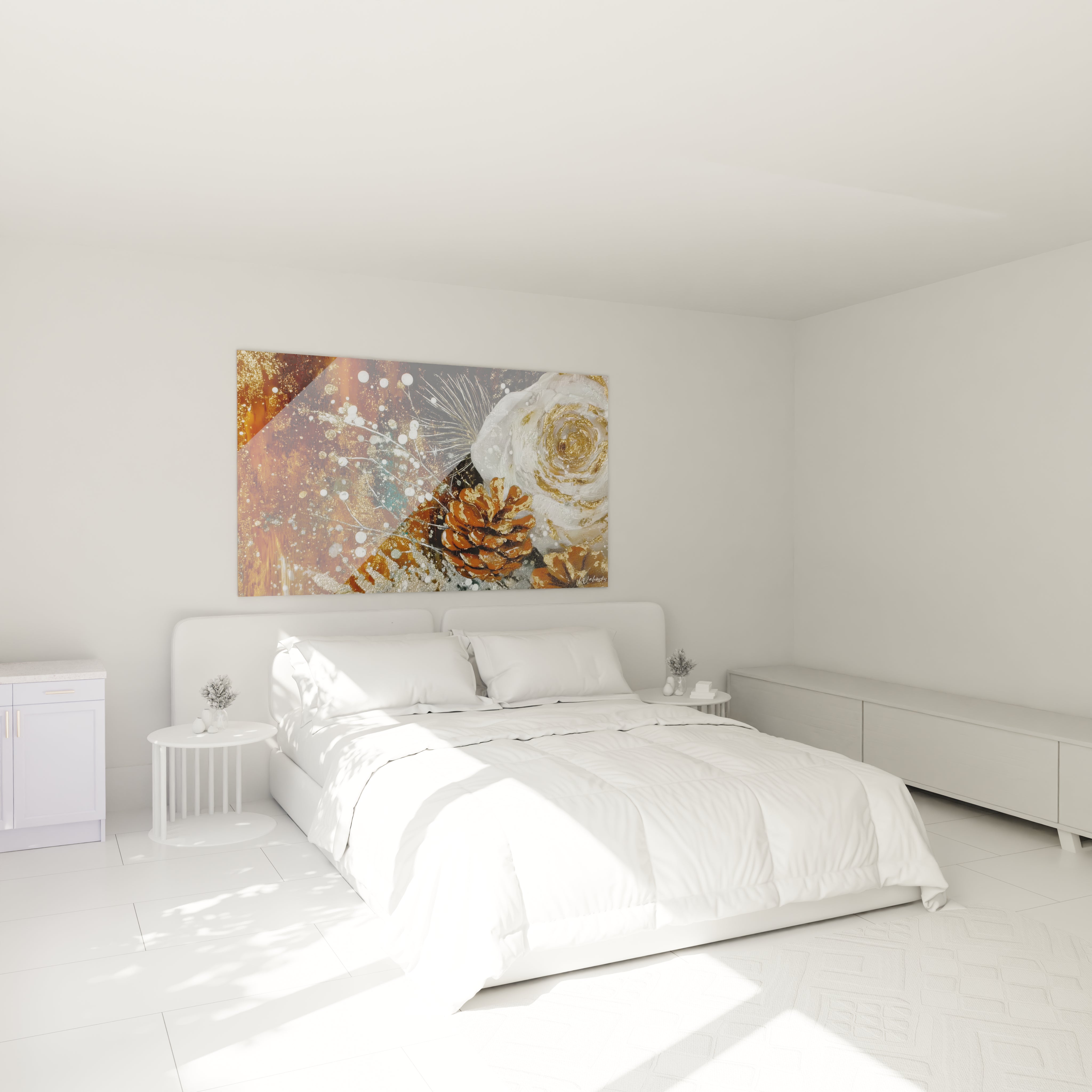 Tableau mural pomme de pin dorée décorant un mur dans une chambre moderne et lumineuse