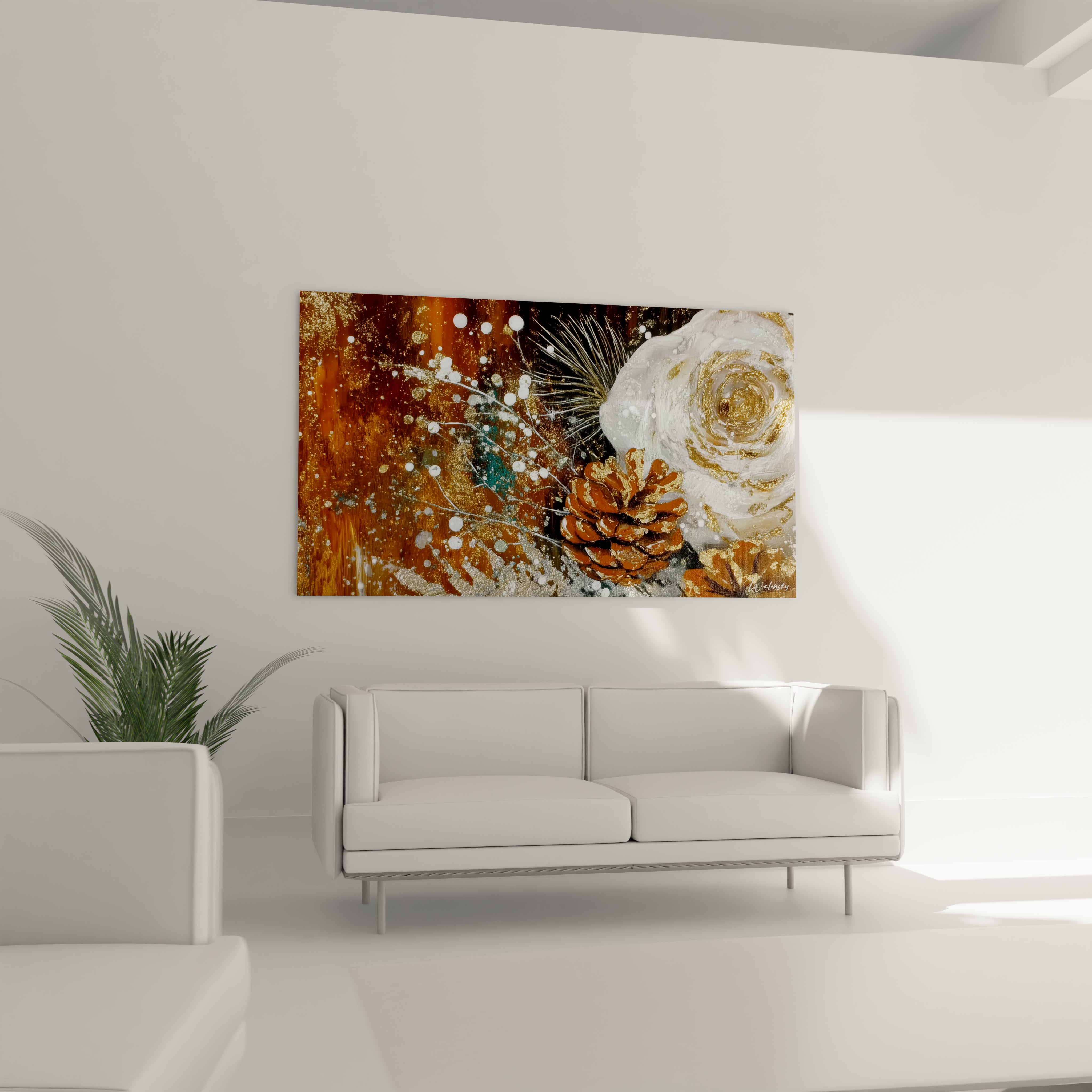 Tableau pomme de pin dorée sur fond artistique avec des éclaboussures de couleur orange et une rose décorative