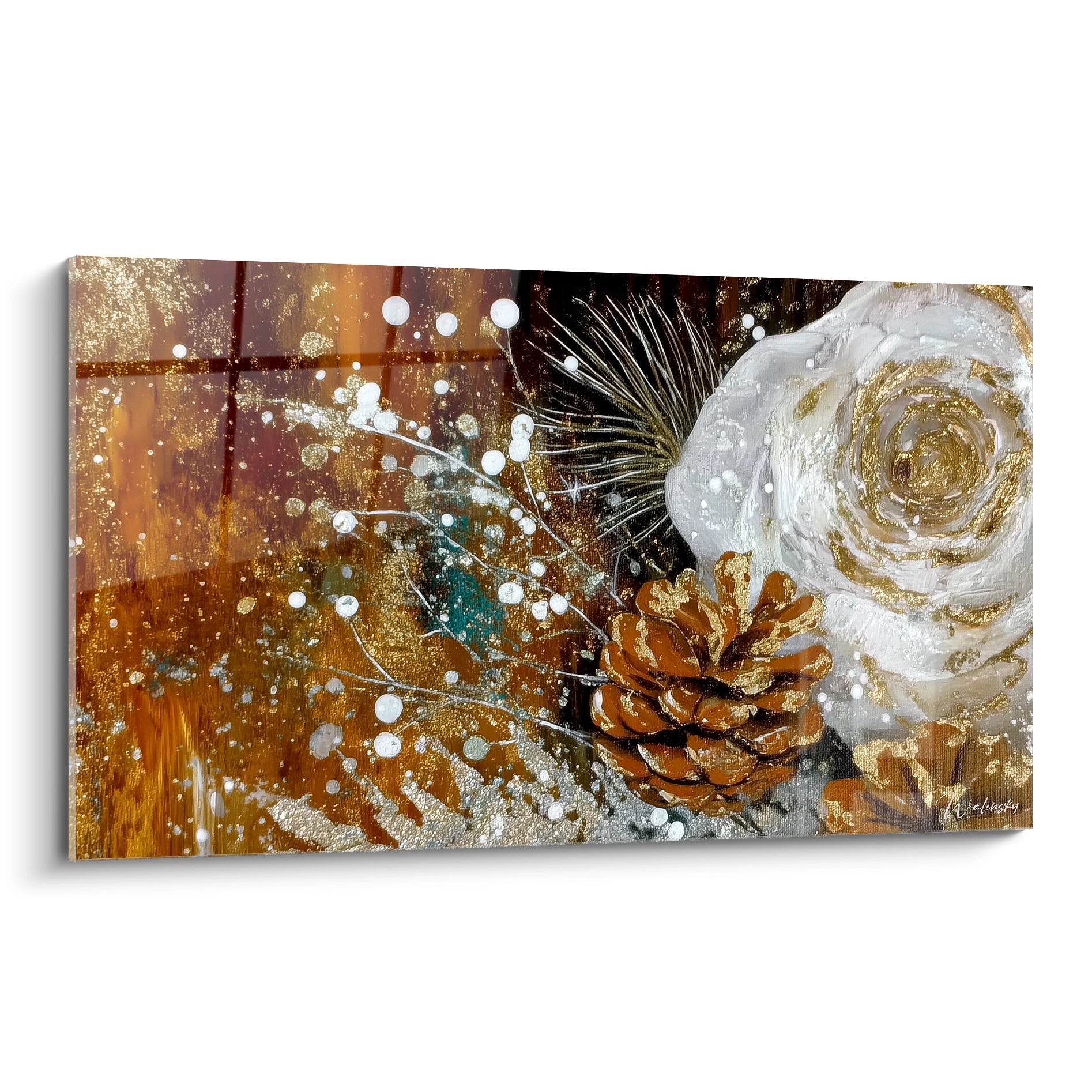 Tableau mural décoratif avec une pomme de pin dorée et des éléments scintillants pour une ambiance chic