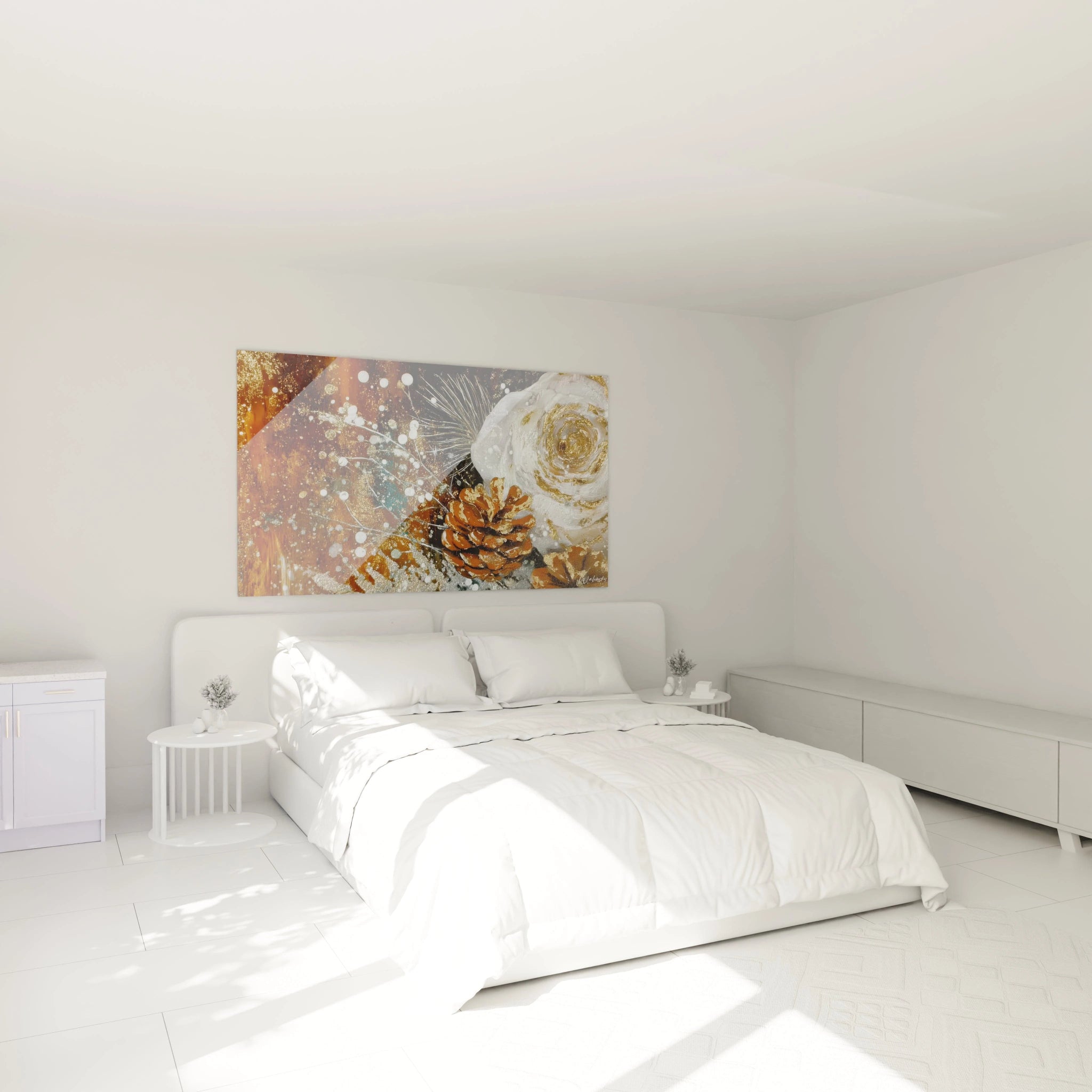 Tableau mural pomme de pin dorée décorant un mur dans une chambre moderne et lumineuse
