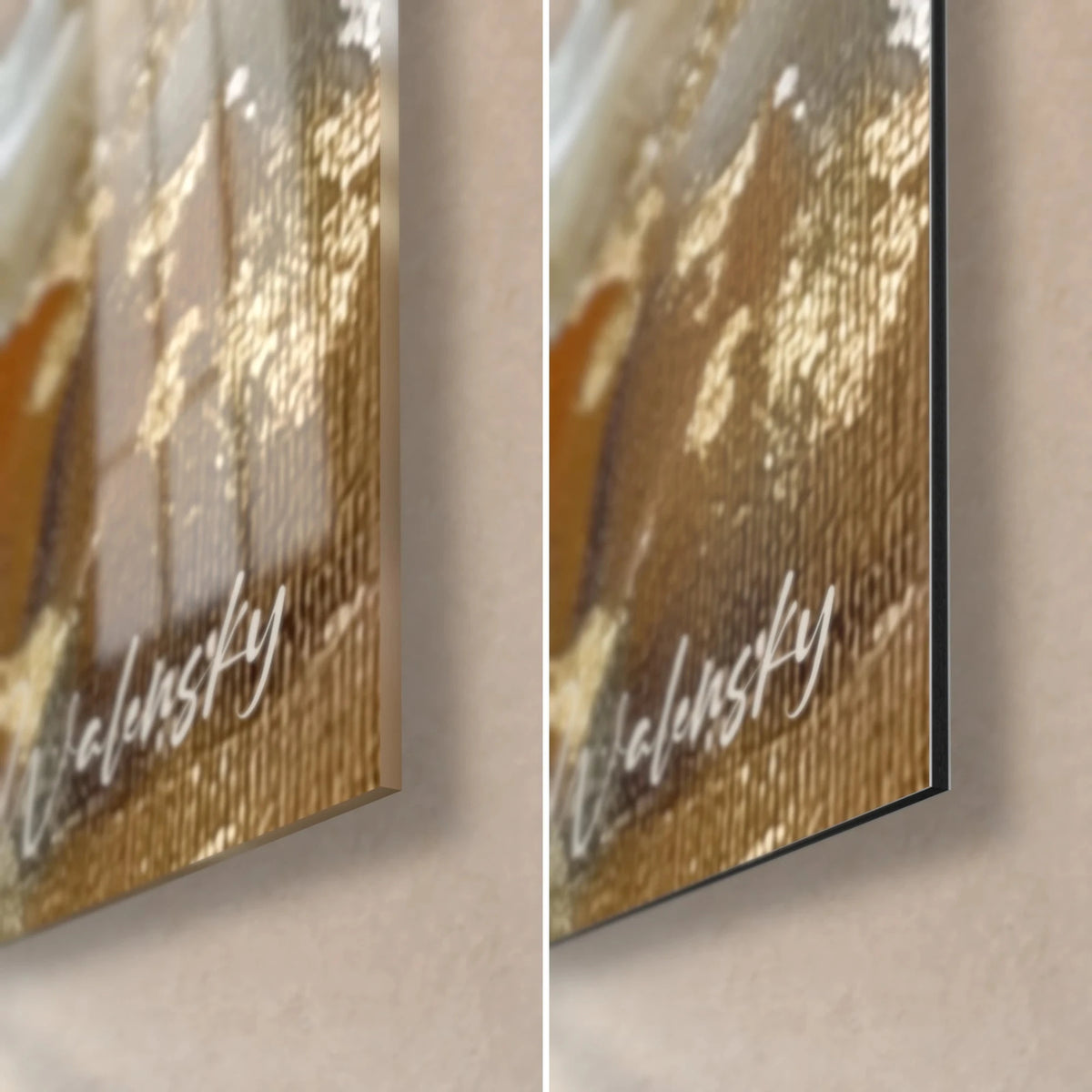 Gemälde mit goldenem Schnee auf bernsteinfarbenem Grund, untere rechte Ecke aus glänzendem Glas und mattem Dibond, 3 mm Stärke, weiße Signatur