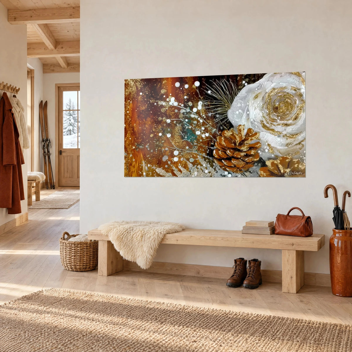 Gemälde mit weißer Rose mit goldenen Blütenblättern und braunem Tannenzapfen, weiße Perlen auf orangefarbenem Grund, helle Wand eines Holzflurs