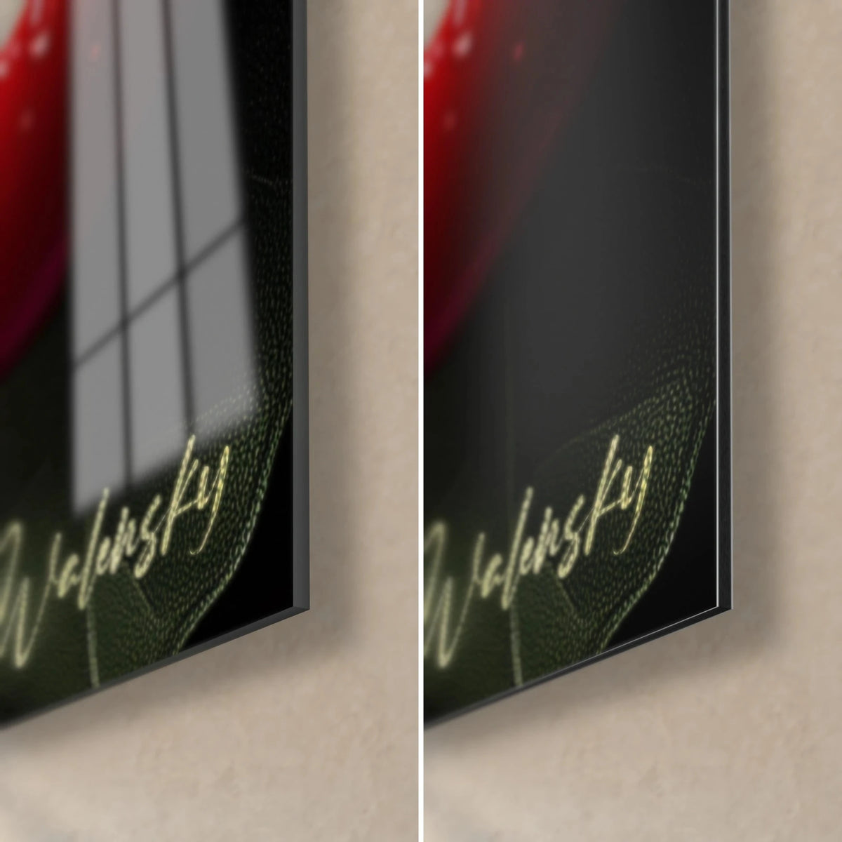 Quadro mele rosso vivo e foglia verde scuro, angolo in basso a destra: vetro lucido a sinistra, Dibond opaco a destra, spessore 3 mm