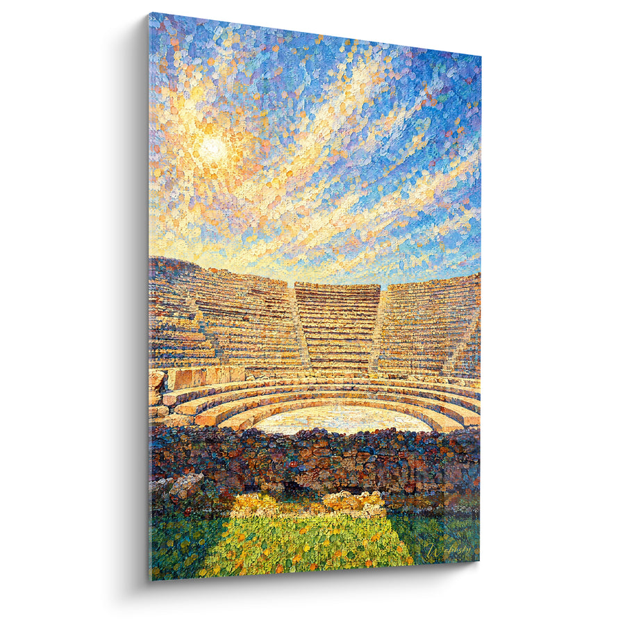 Tableau Amphithéâtre antique doré sous ciel pointilliste - Lumière ancestrale - Edition Pompéi Campanie Italie