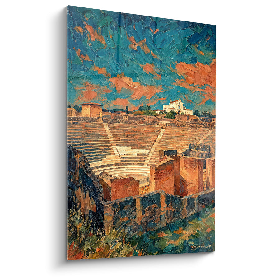 Tableau Amphithéâtre bleu et orange sous ciel tourmenté - Villa blanche au loin - Edition Pompéi Campanie Italie